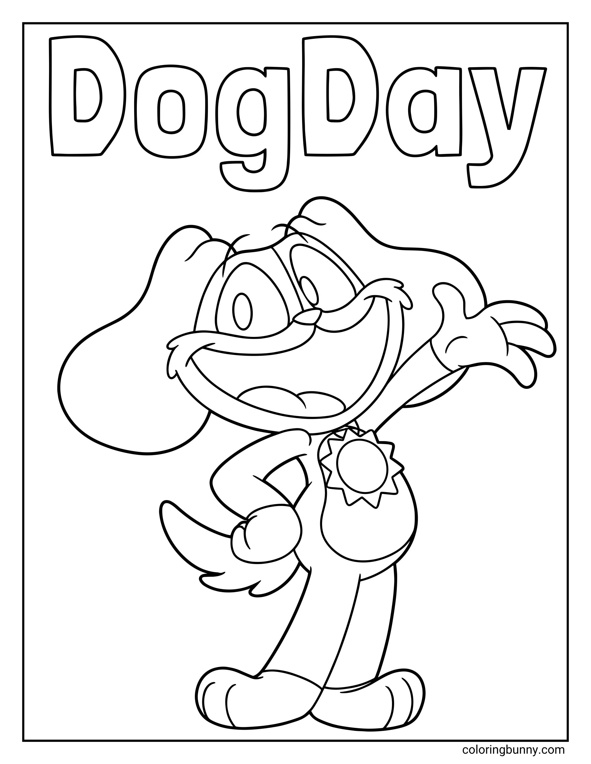 A cute coloring page of DogDay from Poppy Playtime, showing the smiling cartoon character with large floppy ears, a wide happy expression, and a sun-shaped pendant on the chest. The character stands upright with one arm raised in a friendly wave, illustrated in clean line-art style as a printable coloring sheet for kids and fans of Poppy Playtime.