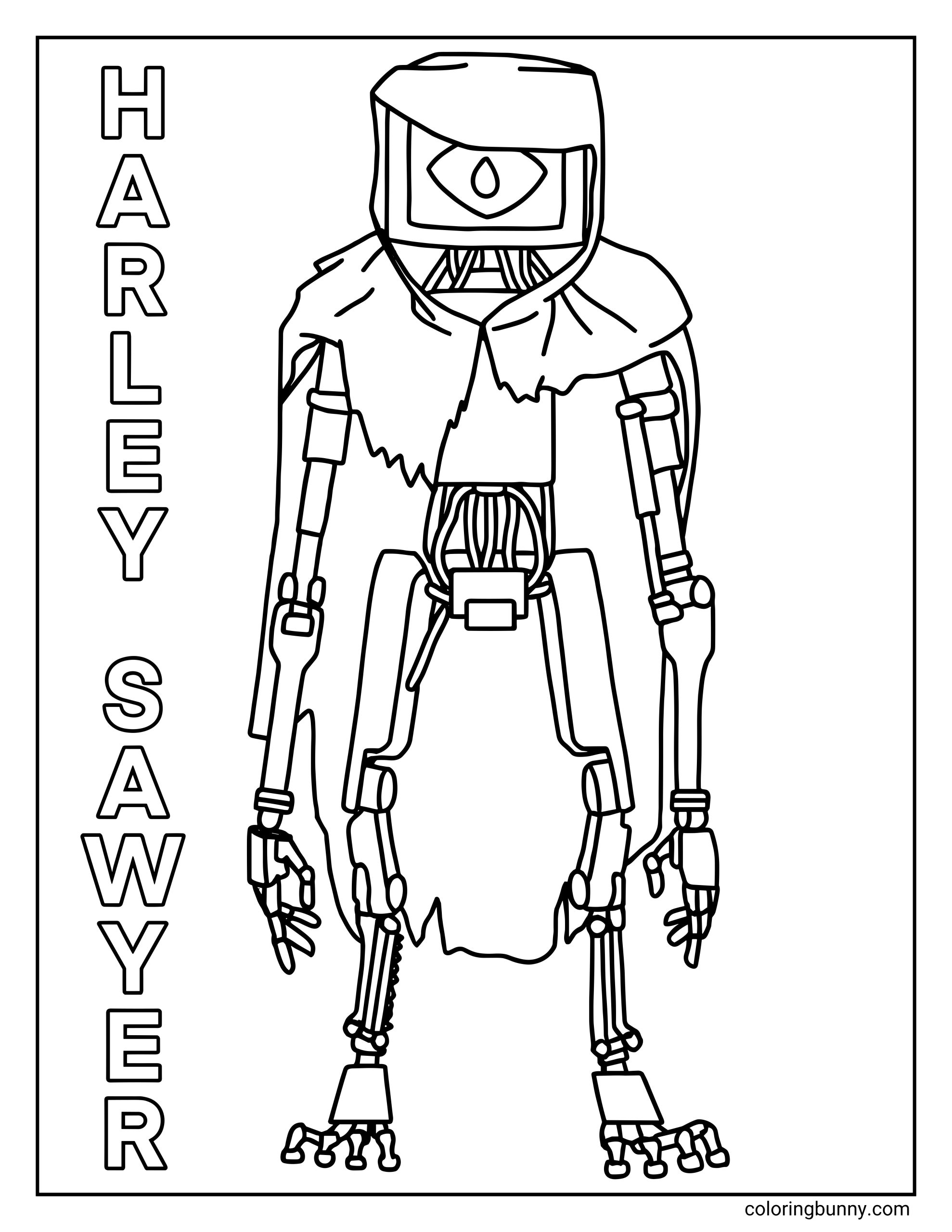 Poppy Playtime coloring page of Harley Sawyer from Poppy Playtime, showing a tall mechanical character with long segmented limbs, clawed hands, and exposed inner parts. The figure has a box-shaped head with a single eye symbol and wears tattered clothing, presented as a clean printable coloring sheet for kids and fans of the game.
