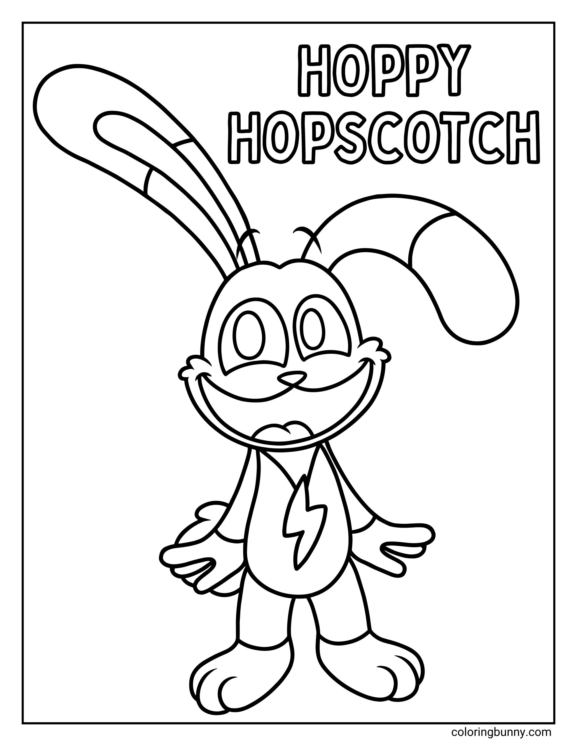 A cute coloring page of Hoppy Hopscotch from Poppy Playtime, featuring the cheerful bunny flashing a wide grin with long floppy ears and a bold lightning bolt emblem, standing in a playful, energetic pose full of bouncy personality.