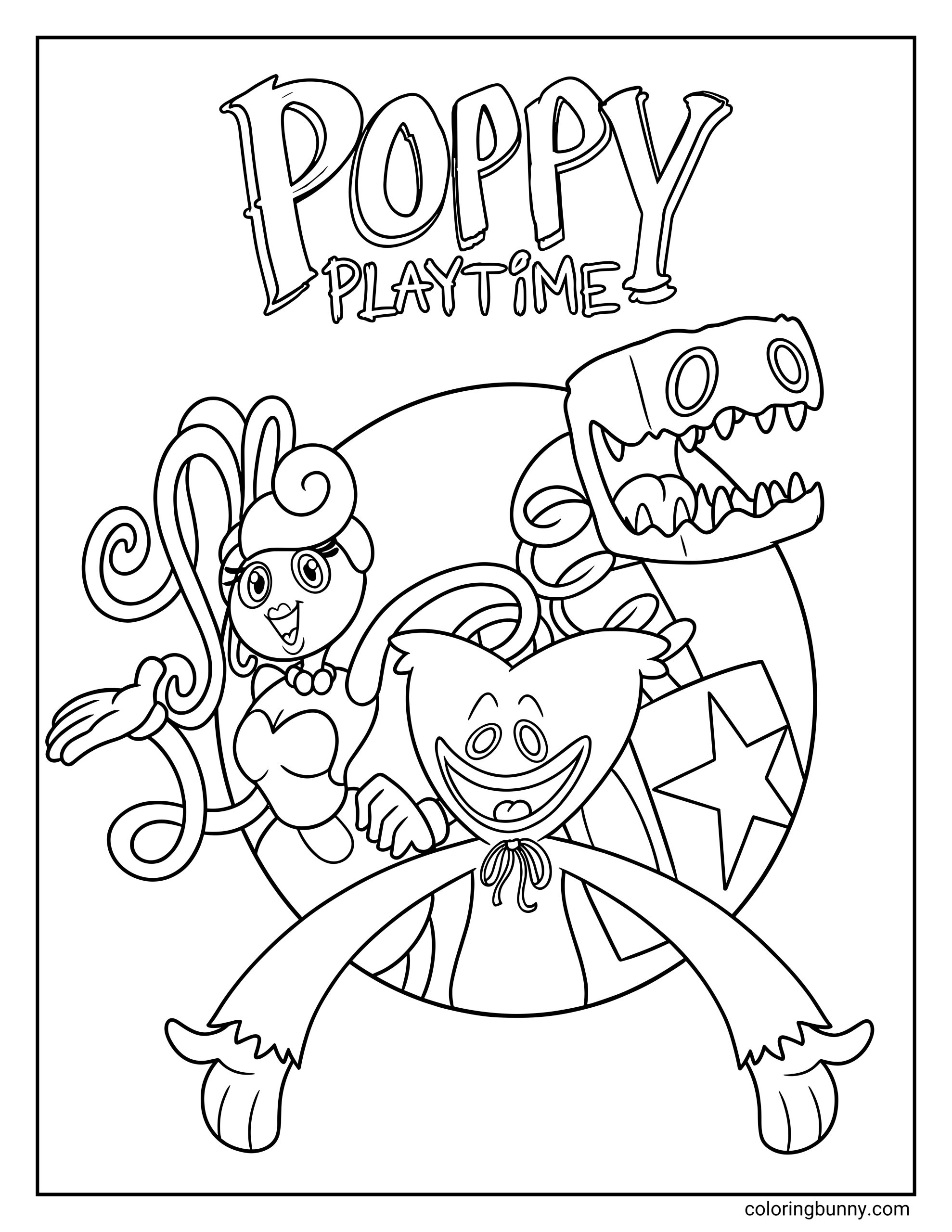 A coloring page featuring the Poppy Playtime logo above three characters grouped together. The long armed smiling creature stands front and center, with the curly haired stretchy toy character and the box shaped monster with a wide toothy grin behind.