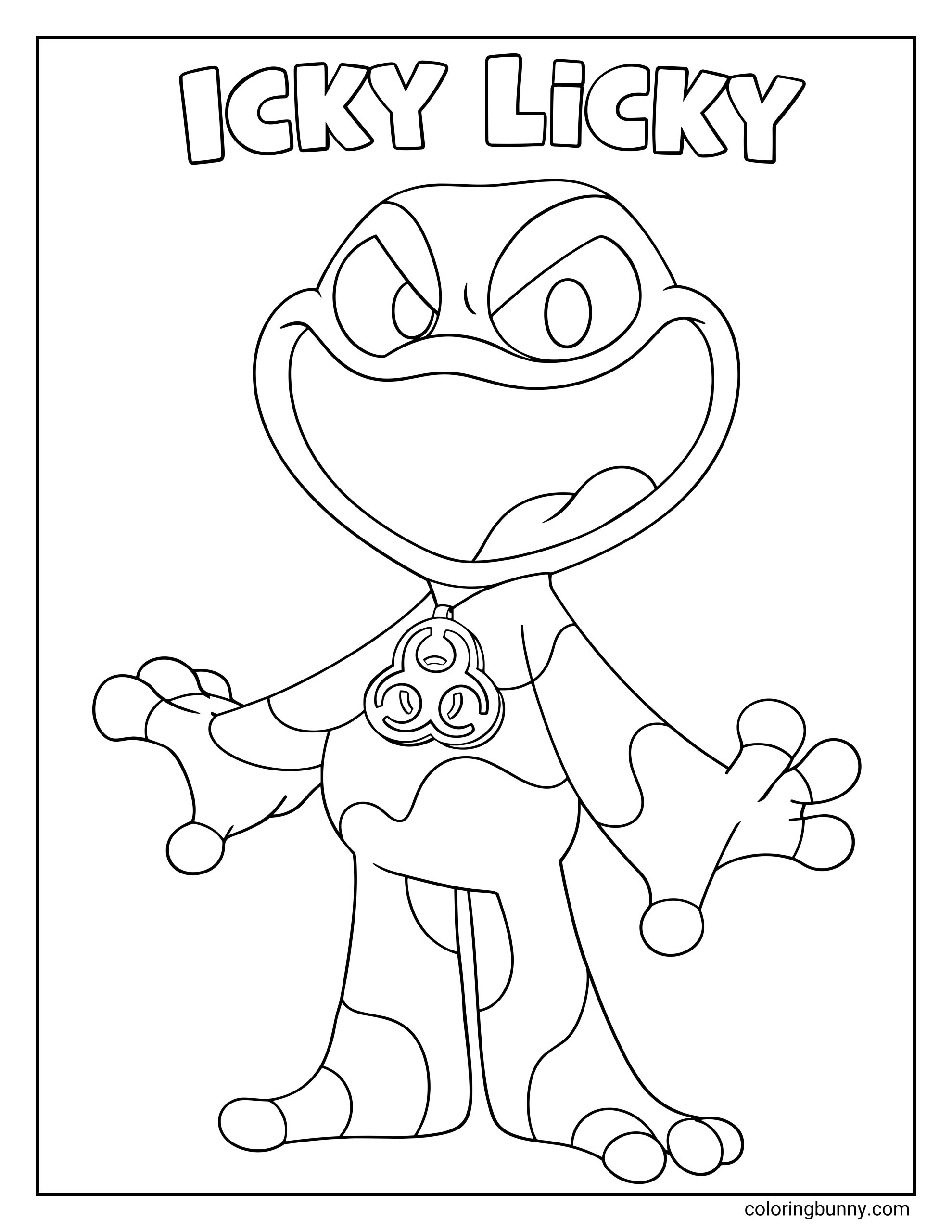 A coloring page of Icky Licky from Poppy Playtime, showing a cartoon creature with a huge open grin, rounded eyes, and a playful, slightly gooey design. The character wears a pendant with a triple-loop symbol and stands with arms spread, presented as a clean printable coloring sheet for kids and fans of the game.