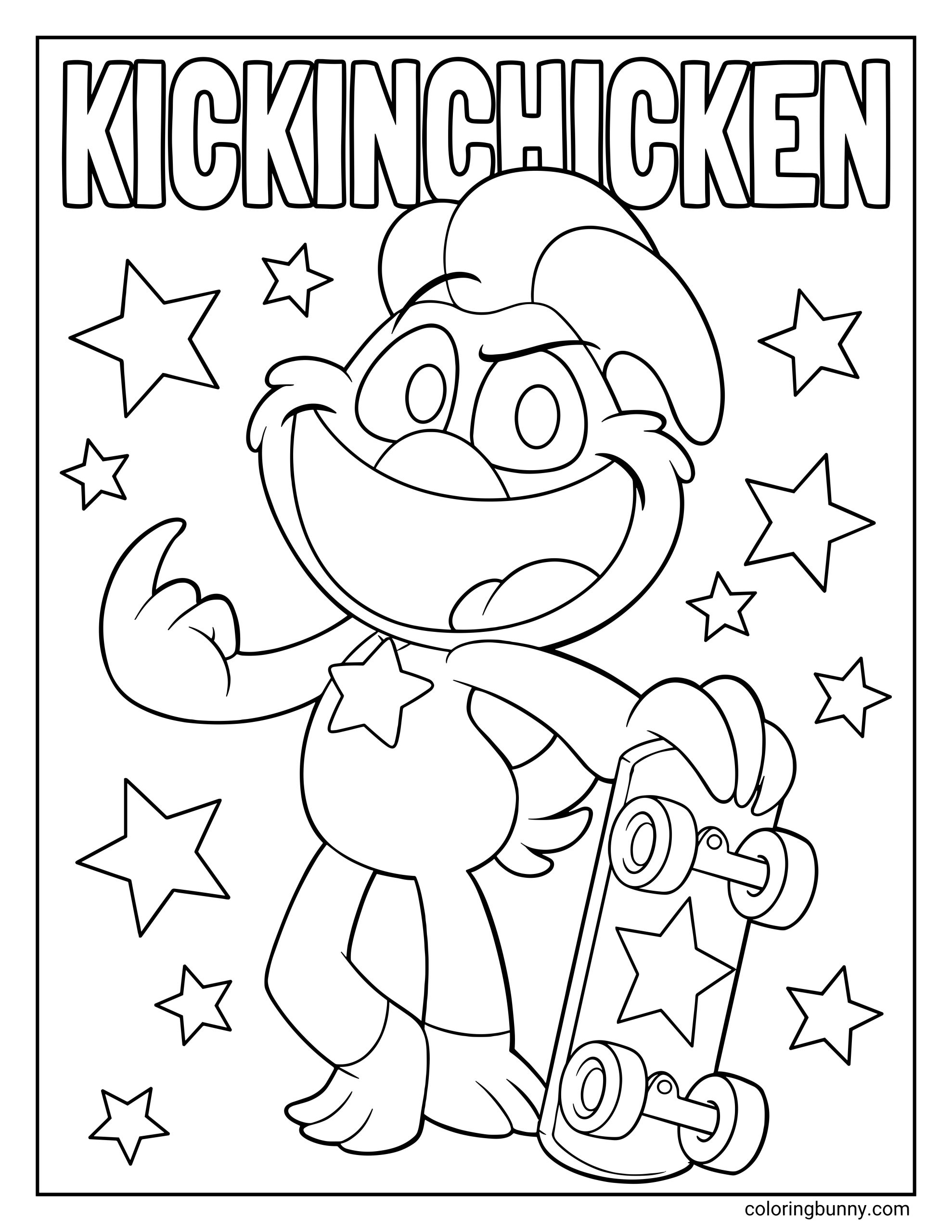 A coloring page of KickinChicken from Poppy Playtime, showing the cheerful character with a huge grin, wearing a cap, pointing confidently, and holding a skateboard, surrounded by scattered stars with the bold title “KickinChicken” at the top.