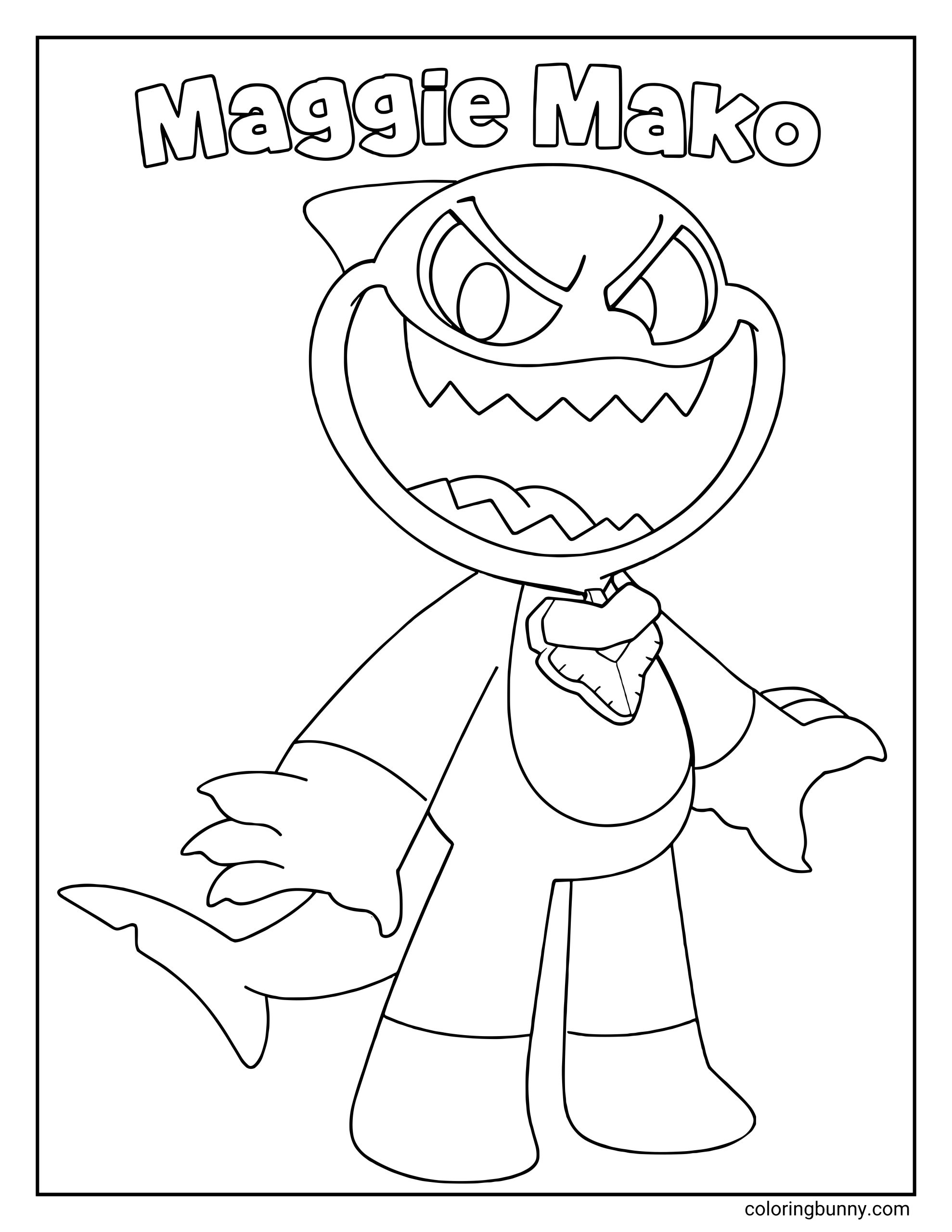 Coloring page of Maggie Mako from Poppy Playtime, showing a cartoon shark-like character with a wide jagged-tooth grin, large expressive eyes, and a flowing cape-like shape behind her. The character wears a pendant and stands upright in a bold, confident pose, designed as a clean printable coloring sheet for kids and fans of the game.