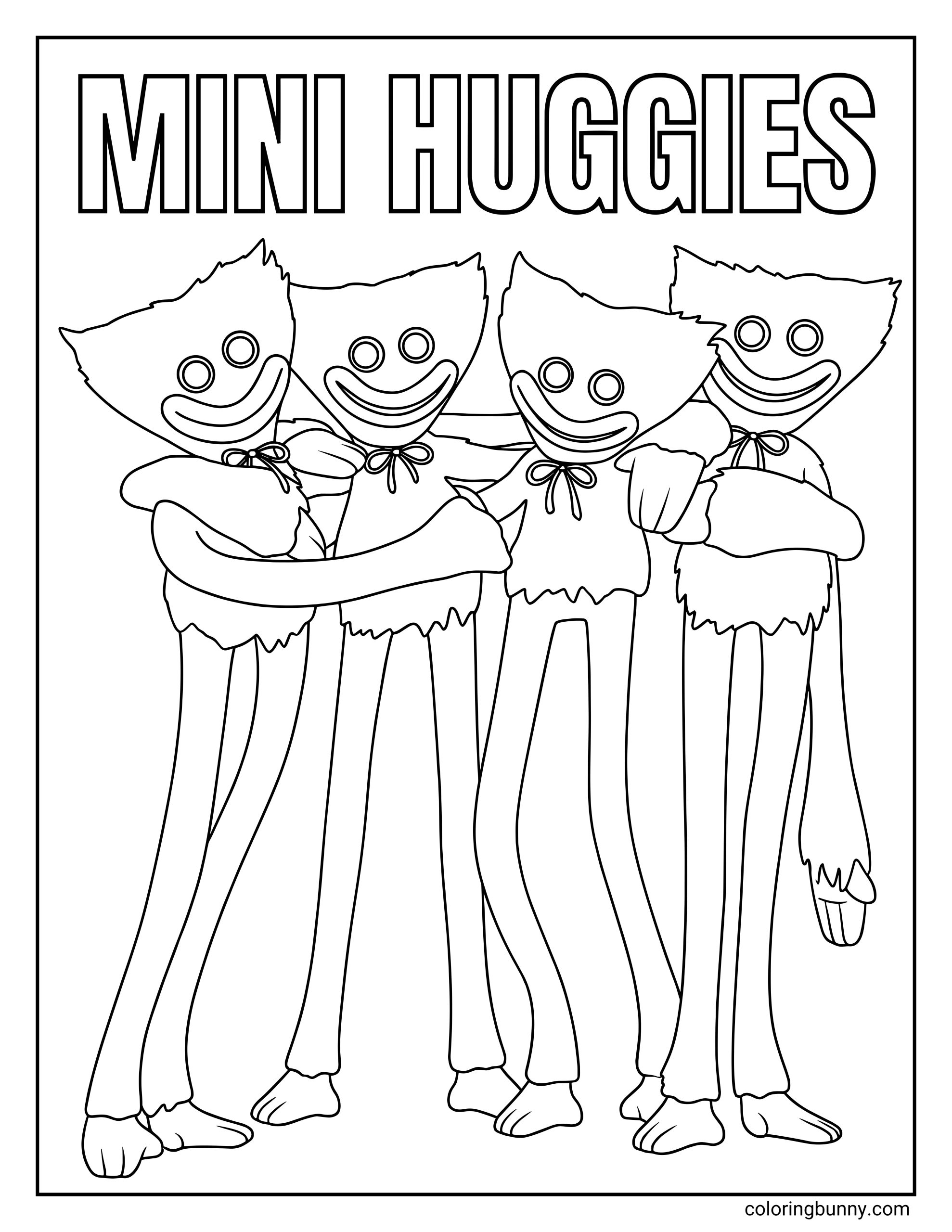 Poppy Playtime Mini Huggies coloring page featuring the little fuzzy toys. This black and white outline for coloring displays four smiling miniature Huggy Wuggy characters standing together with their arms around each other below the large text "MINI HUGGIES".