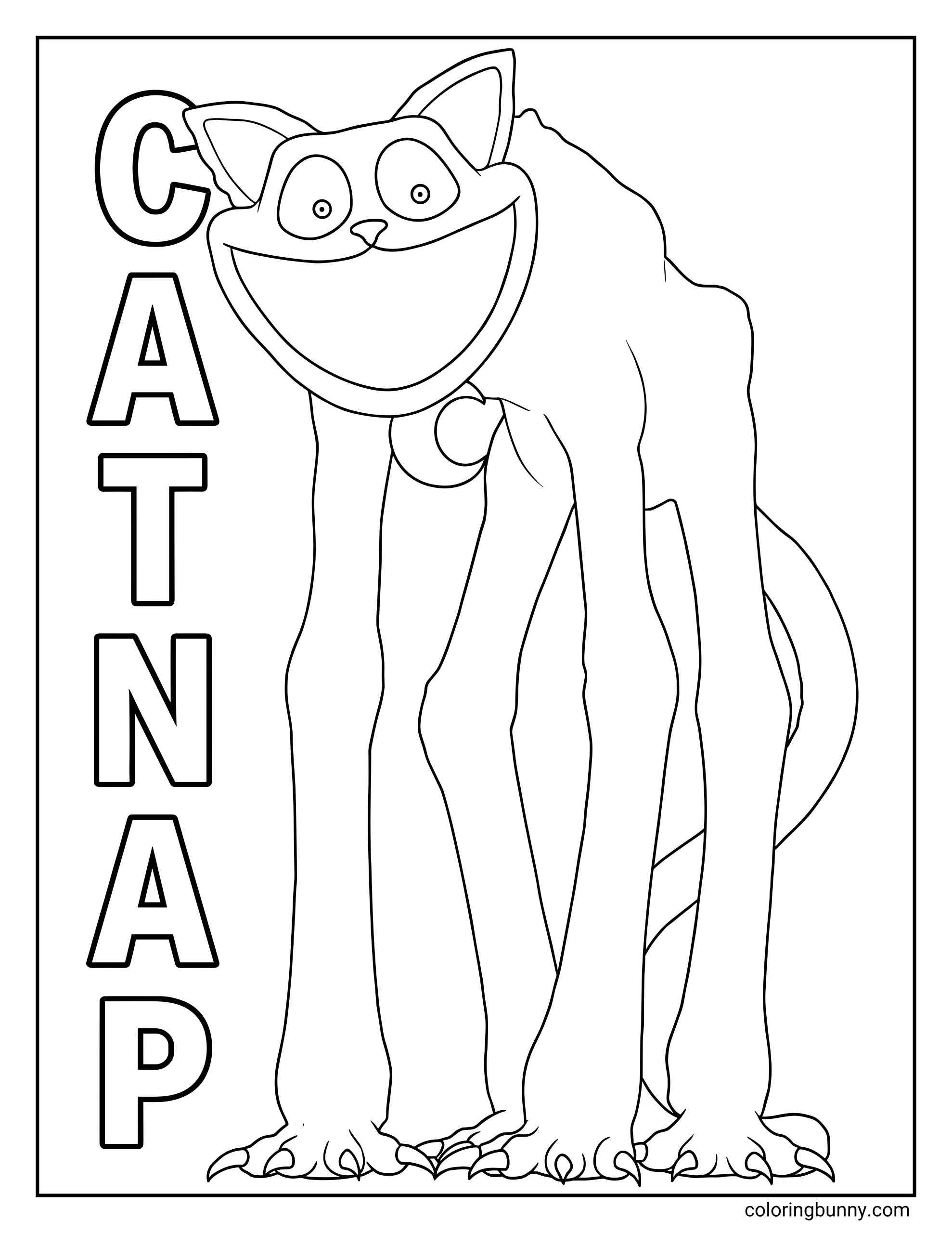 A black and white line art of Monster CatNap from Poppy Playtime, featuring the tall, eerie version of the character with extremely long, thin legs, a wide smiling face, pointed ears, and a curved tail. The character stands upright in a simple, bold line-art style, designed as a printable coloring sheet for kids and fans of Poppy Playtime.