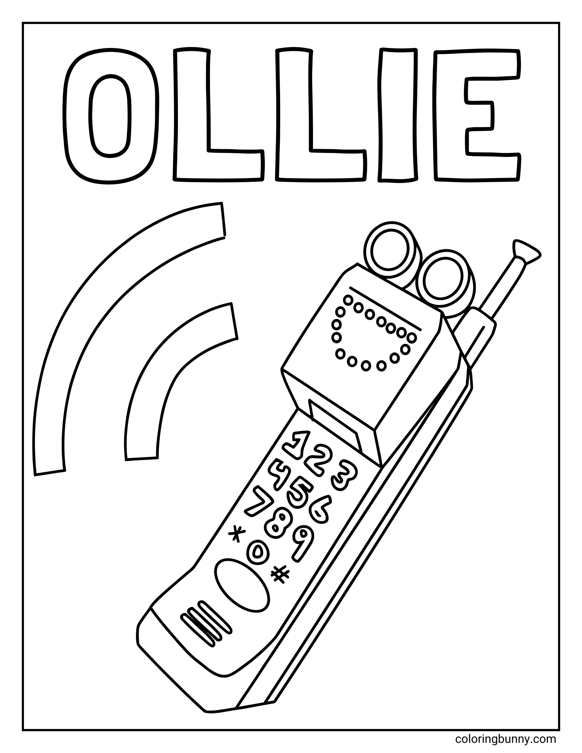 Coloring page of Ollie from Poppy Playtime, featuring a stylized walkie talkie device with a smiling face on the screen, large circular eyes, an antenna, and signal lines. The gadget has playful buttons and symbols, with the name “Ollie” written boldly at the top, designed as a printable coloring sheet for fans and kids.