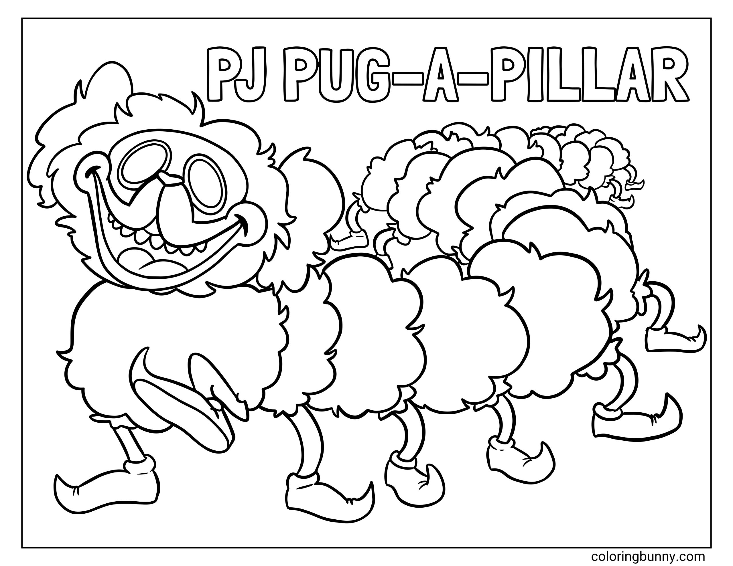 Poppy Playtime PJ Pug-a-Pillar coloring page on the move. This high-quality illustration displays the long caterpillar and dog hybrid toy with multiple legs wearing pointy shoes, walking cheerfully under the large text "PJ PUG-A-PILLAR".