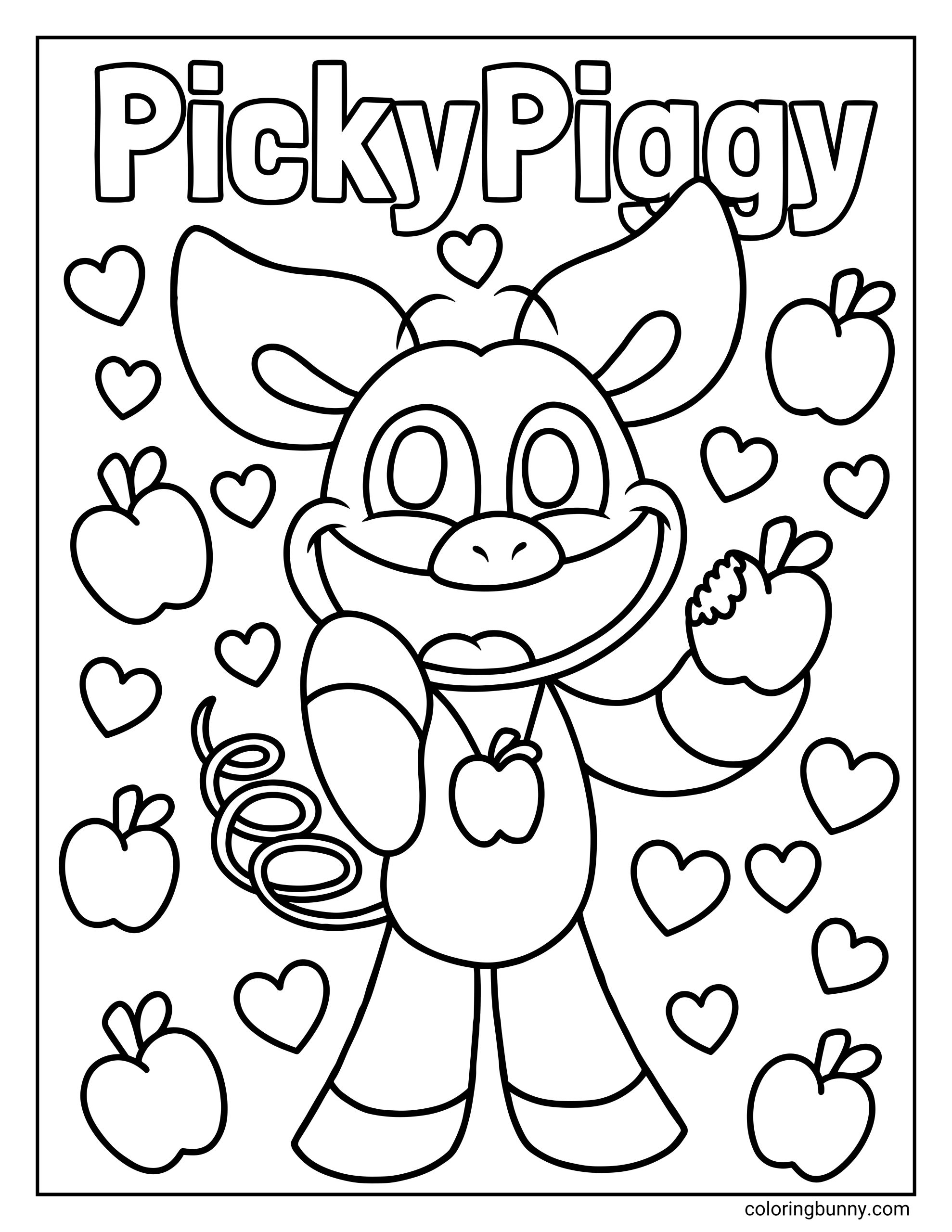 A black and white coloring page of PickyPiggy from Poppy Playtime, featuring the smiling character holding a bitten apple, surrounded by floating hearts and apples, with a curly tail, large ears, and the bold “PickyPiggy” title across the top.