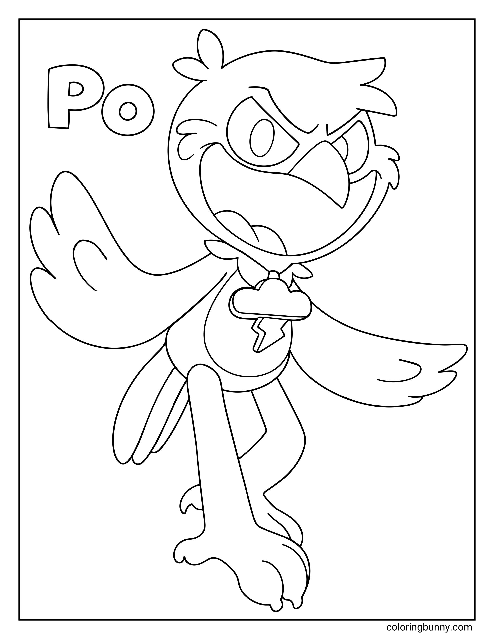 A black and white coloring page of Po from Poppy Playtime, featuring a cartoon bird-like character with large expressive eyes, a wide open beak, and outstretched wings. The character wears a pendant with a lightning bolt symbol and stands in a dynamic, energetic pose, designed as a clean printable coloring sheet for kids and fans of the game.