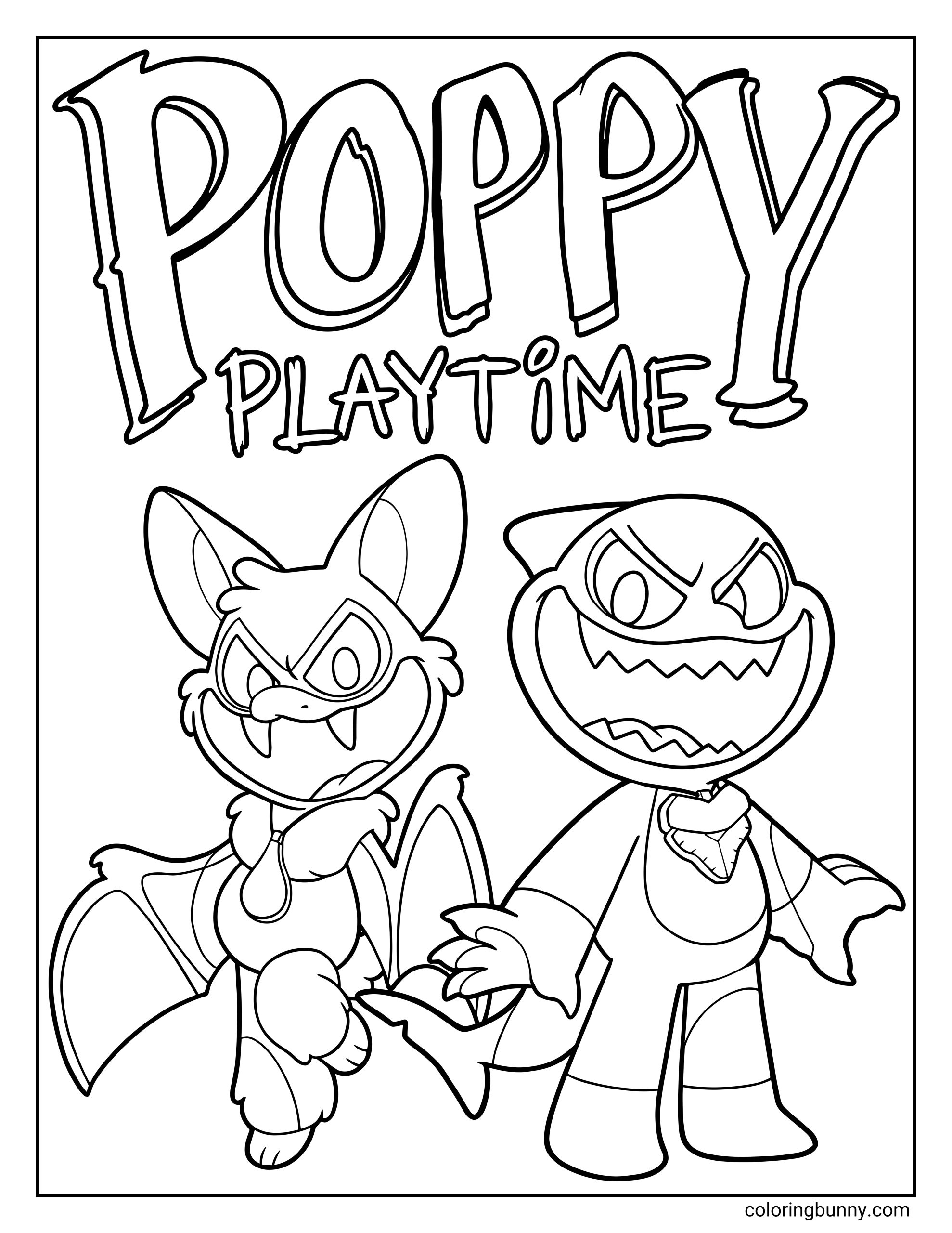 Coloring page of Rabie Baby and Maggie Mako from Poppy Playtime, standing side by side with wide grins and sharp teeth. Rabie Baby has large bat like ears, small wings, and a mischievous expression, while Maggie Mako appears with a bold, toothy smile and a confident stance.