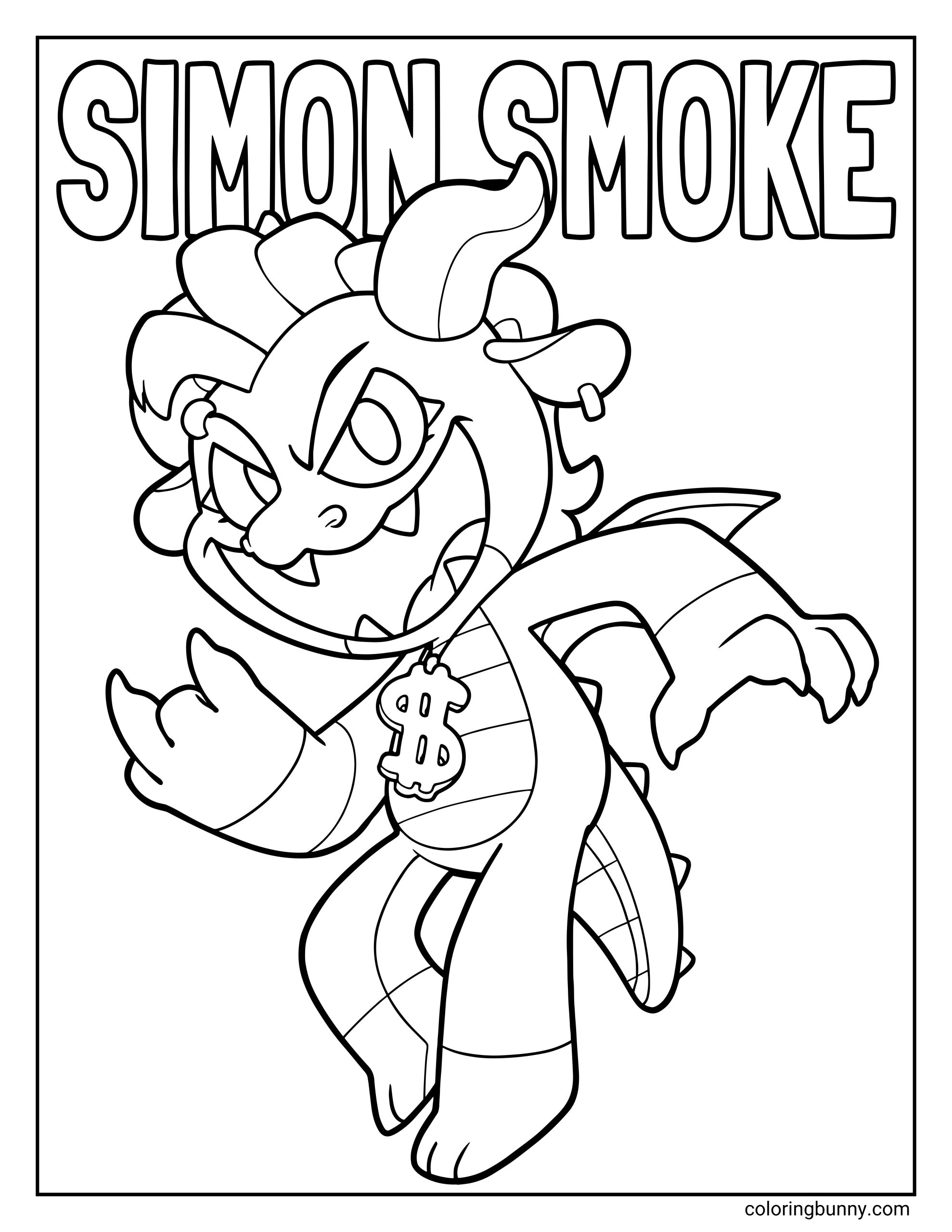 An easy Poppy Playtime coloring page of Simon Smoke, featuring a grinning dragon-like character with curved horns, sharp teeth, and a playful expression. The character wears a large dollar-sign pendant and a flowing cape, posed mid-motion with one arm extended, designed as a bold printable coloring sheet for kids and fans of the game.