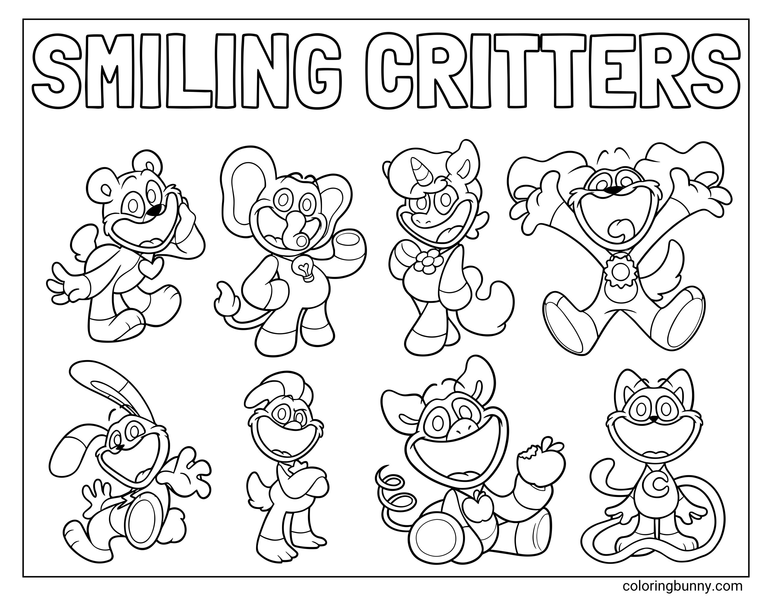 Poppy Playtime Smiling Critters characters coloring page featuring the complete cast. This free coloring sheet to download displays Bobby BearHug, Bubba Bubbaphant, CraftyCorn, DogDay, Hoppy Hopscotch, KickinChicken, PickyPiggy, and CatNap smiling together below the large text "SMILING CRITTERS".