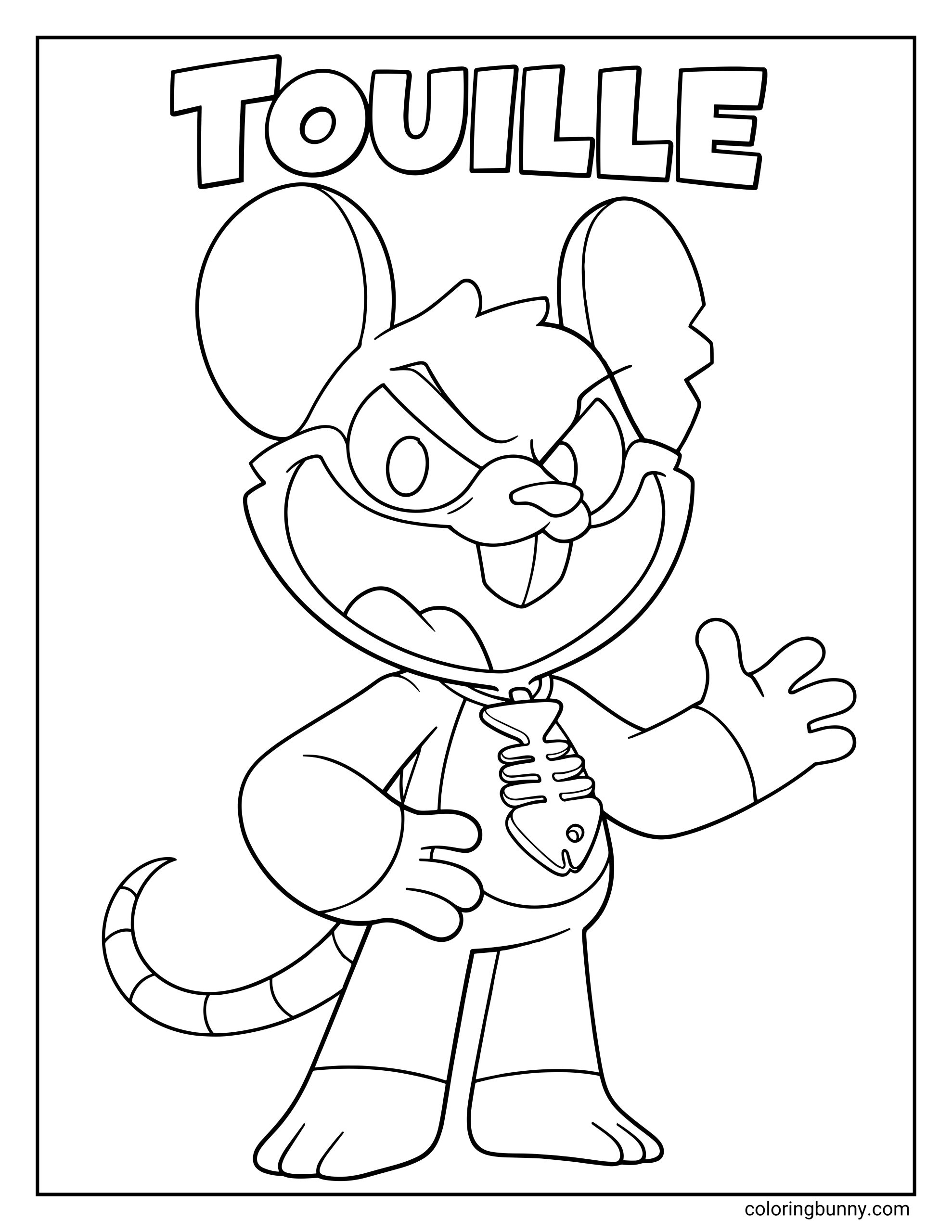 A coloring page of Touille from Poppy Playtime, featuring a cartoon creature with large round ears, sharp little teeth, and a wide mischievous grin. The character wears a fish skeleton pendant and stands with one hand extended, drawn as a clean printable coloring sheet for kids and fans of the game.