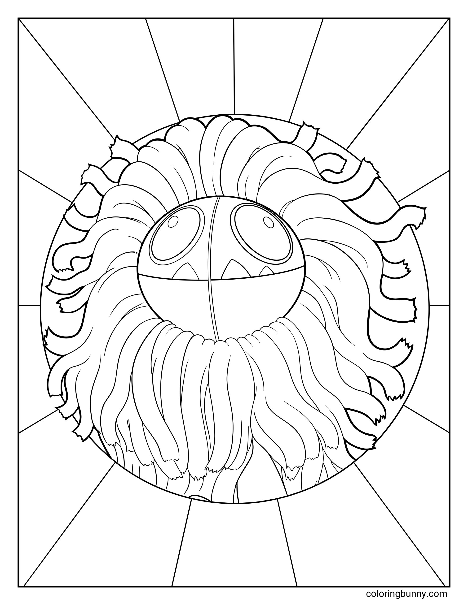 A coloring page of Yarnaby from Poppy Playtime, showing a close up of the character’s round face with large eyes and a thick, yarn like mane, centered inside a bold circular geometric background made of radiating segments, with clean outlines and a simple printable design.