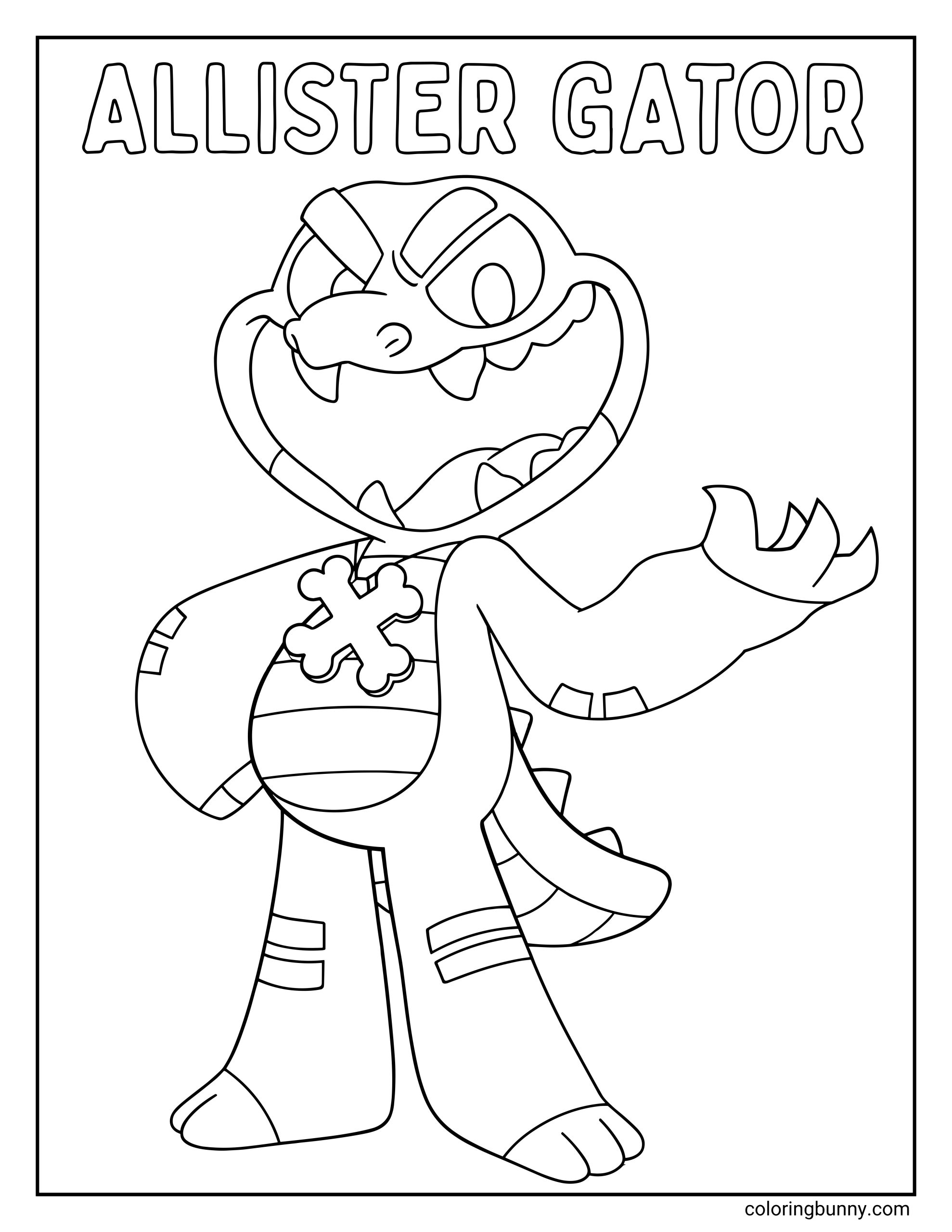 A coloring page of Allister Gator from Poppy Playtime, showing a cartoon alligator character with a huge open smile, sharp teeth, and bold eyes. The character wears a cape and a bone-shaped pendant, standing confidently with one arm extended, presented as a clean printable coloring sheet for kids and fans of the game.