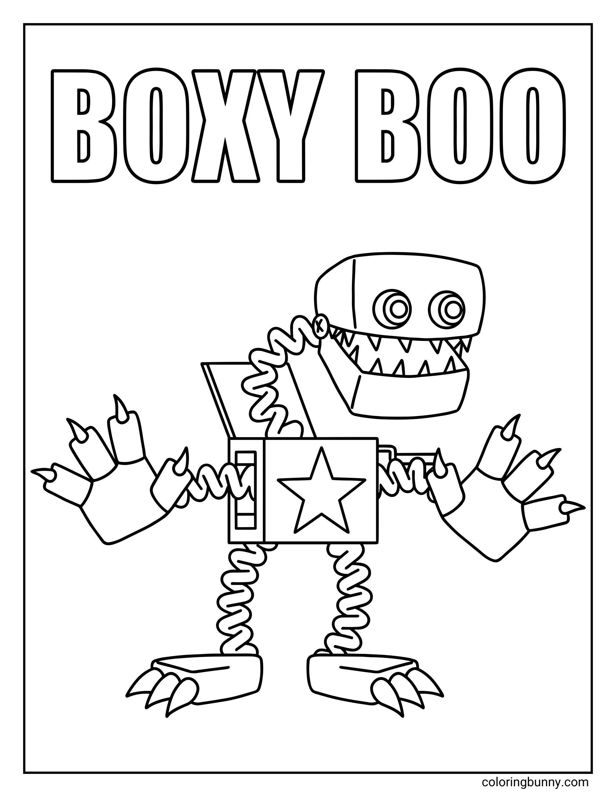 A black and white coloring page of Boxy Boo from Poppy Playtime, depicting the toy-like character popping from a jack-in-the-box with coiled spring arms and legs. The figure has a wide toothy smile, round eyes, oversized gloves, and large shoes, with the text “BOXY BOO” displayed prominently at the top, designed as a printable coloring sheet for kids.