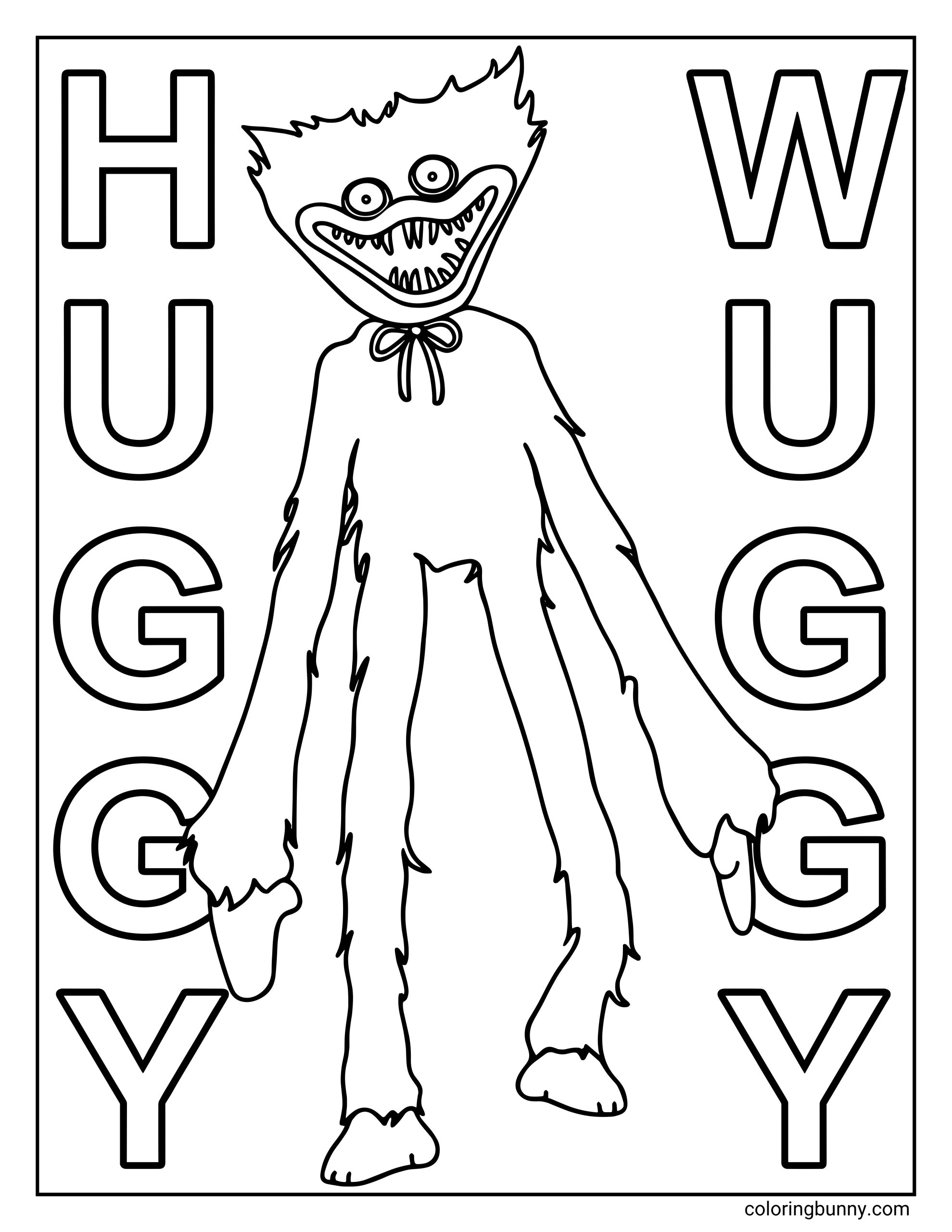 A black and white coloring page of Huggy Wuggy from Poppy Playtime, standing with very long arms spread wide. The character has a large triangular head, round eyes, and a big toothy smile, wearing a small bow tie, with bold bubble letters spelling HUGGY WUGGY arranged around him.