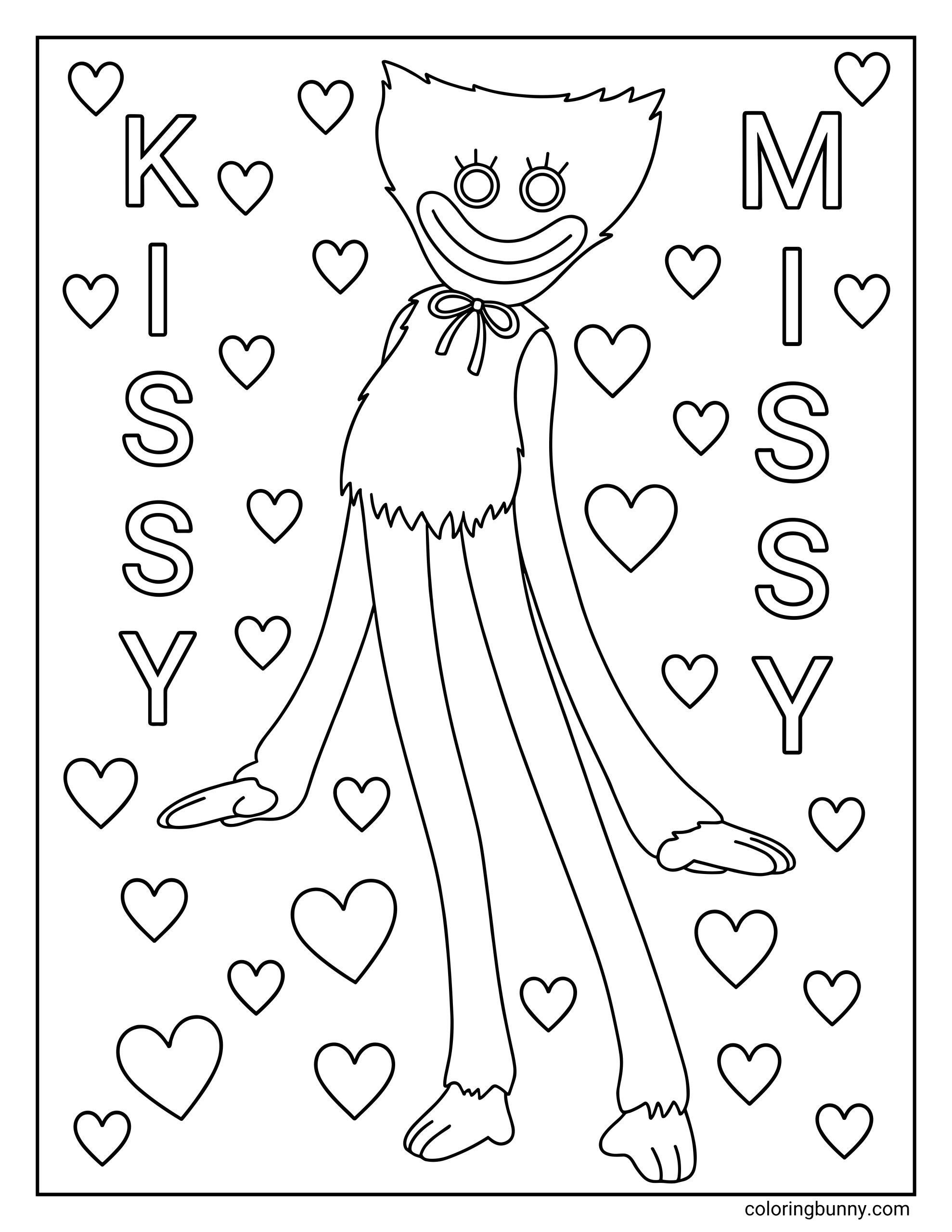 A black and white coloring page of the character Kissy Missy from Poppy Playtime, standing with her long arms and legs stretched downward and a wide friendly smile. Small hearts fill the background, while large letters spelling her name appear around the character, creating a clean, bold-outline coloring sheet designed for kids.
