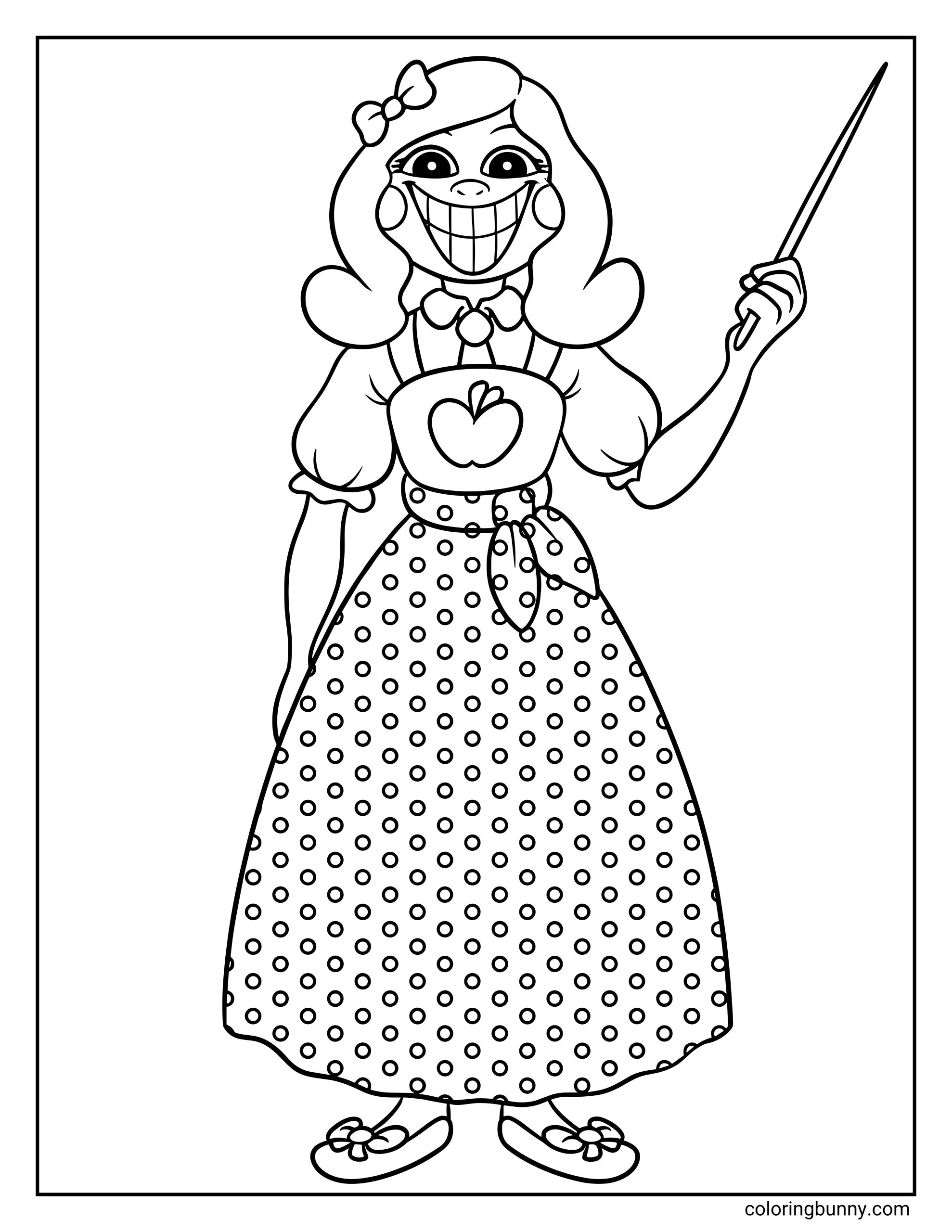 A coloring page of Miss Delight from Poppy Playtime, showing the character smiling widely while holding a long pointer stick. She wears a dress with a large apron featuring an apple emblem, puffed sleeves, and a polka dot skirt tied with a bow, presented as a printable coloring sheet for fans and kids.