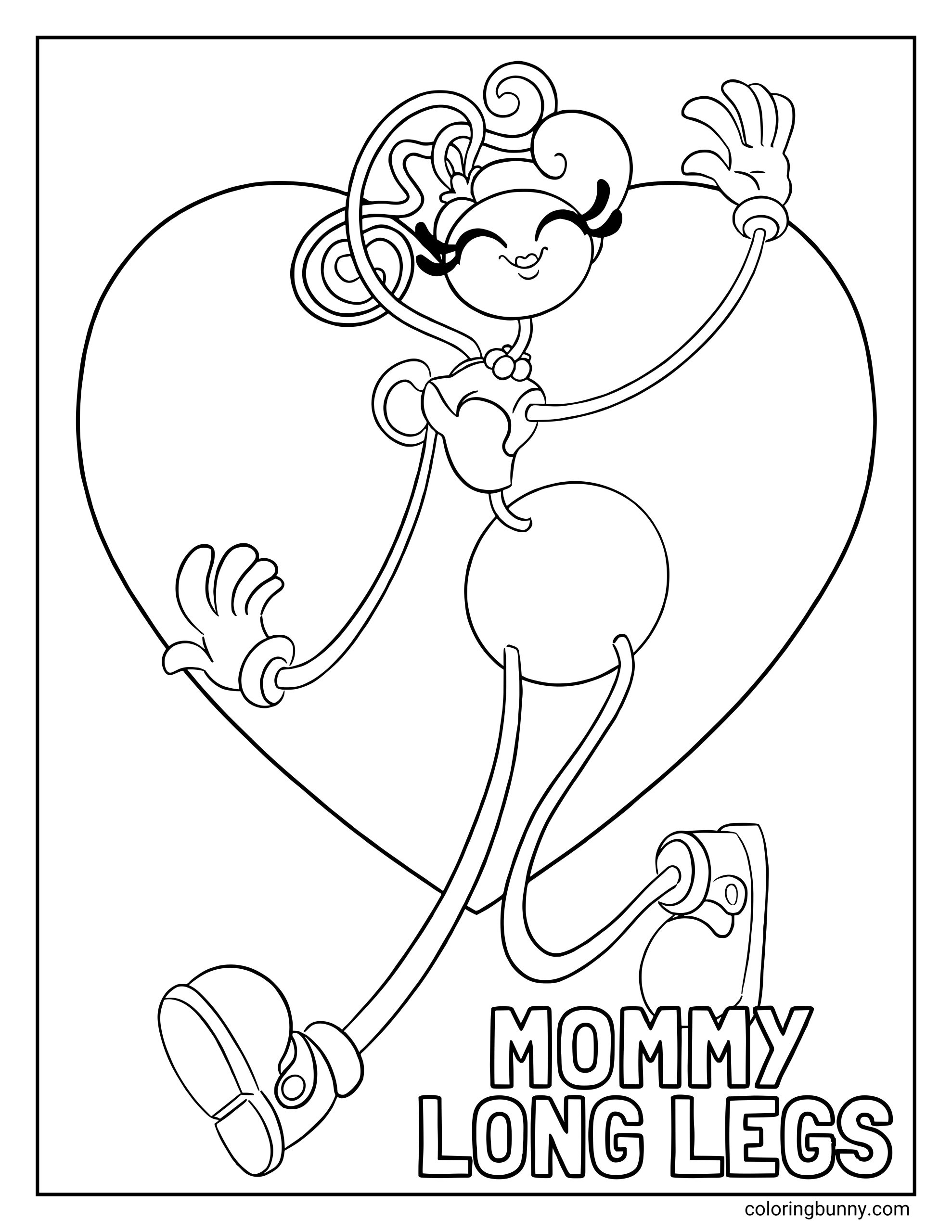 A black and white coloring page of Mommy Long Legs from Poppy Playtime, showing the character with long flexible limbs, a cheerful face, and curly hair tied up. She poses energetically in front of a large heart shape, with oversized shoes and gloved hands, designed as a clean printable coloring sheet for kids.