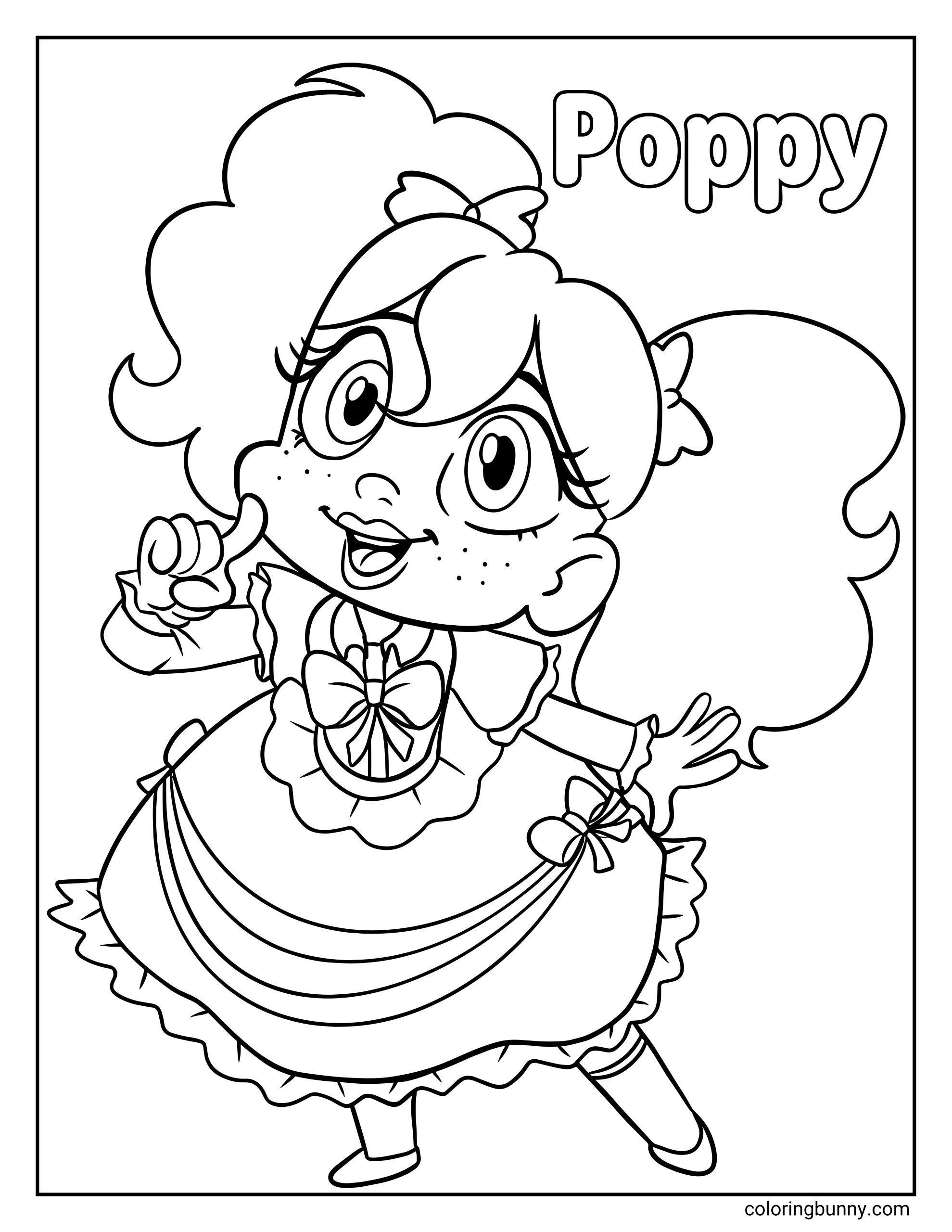 A black and white coloring page of Poppy from Poppy Playtime. She is a doll with large eyes, freckles, and curly hair in pigtails tied with bows, wearing a ruffled Victorian-style dress, with the name “Poppy” written in bubbly letters at the top right.