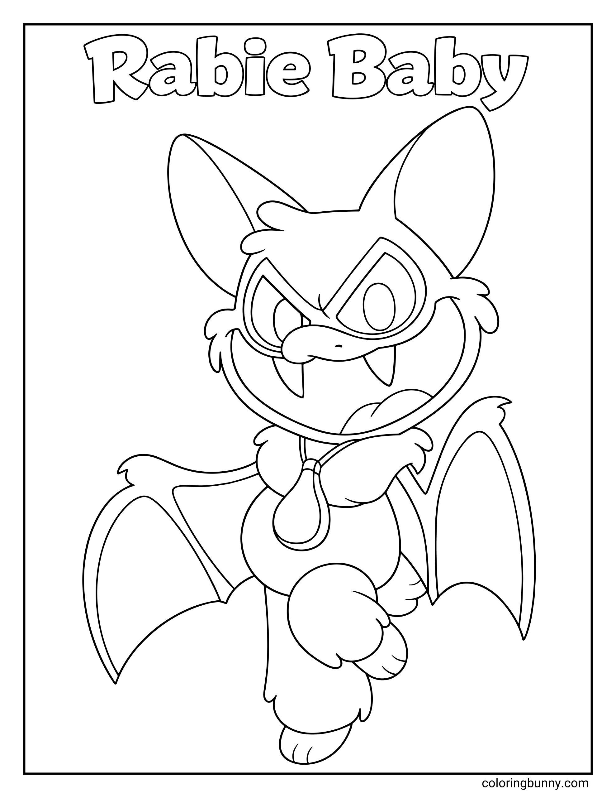 A black and white coloring page of Rabie Baby from Poppy Playtime, featuring a cartoon bat-like creature with oversized ears, sharp fangs, wide eyes, and spread wings. The character wears a pendant and appears mid-motion with one leg lifted, designed as a clean printable coloring sheet for kids and fans of the game.