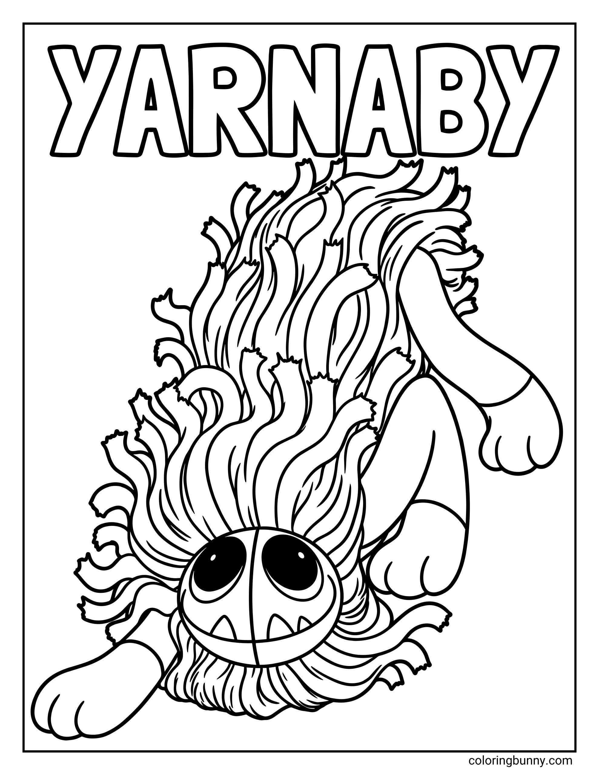 A black and white coloring page of Yarnaby from Poppy Playtime, featuring the fluffy character crawling forward with long, wavy yarn-like fur, large round eyes, and a wide cartoon grin. The name “YARNABY” appears in bold letters at the top, designed as a printable coloring sheet for fans and kids.