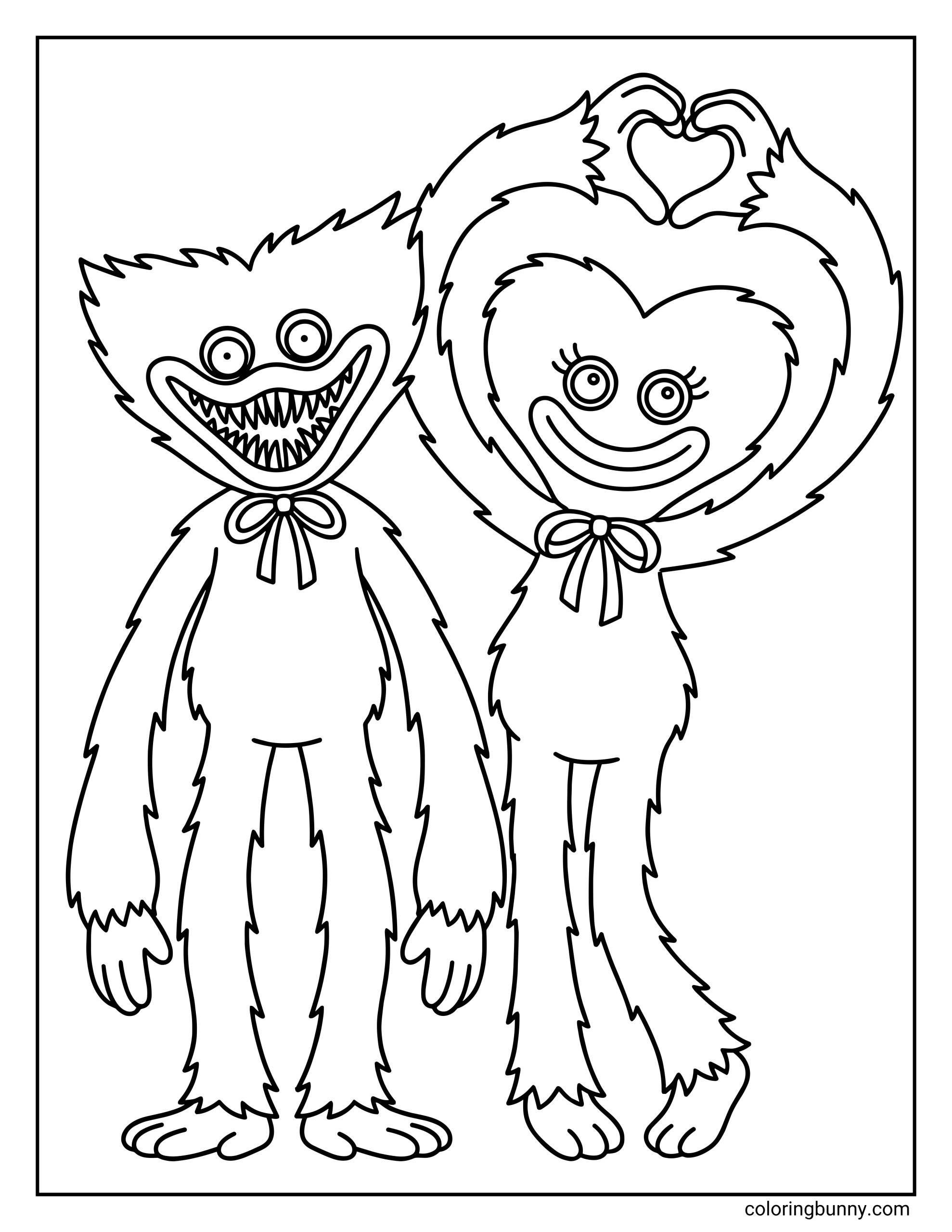 A black and white coloring page of Huggy Wuggy and Kissy Missy from Poppy Playtime standing side by side. Huggy Wuggy has his wide toothy grin and bow tie, while Kissy Missy smiles with long eyelashes and forms a heart shape above her head with her hands, both characters drawn with long limbs and fluffy textures.