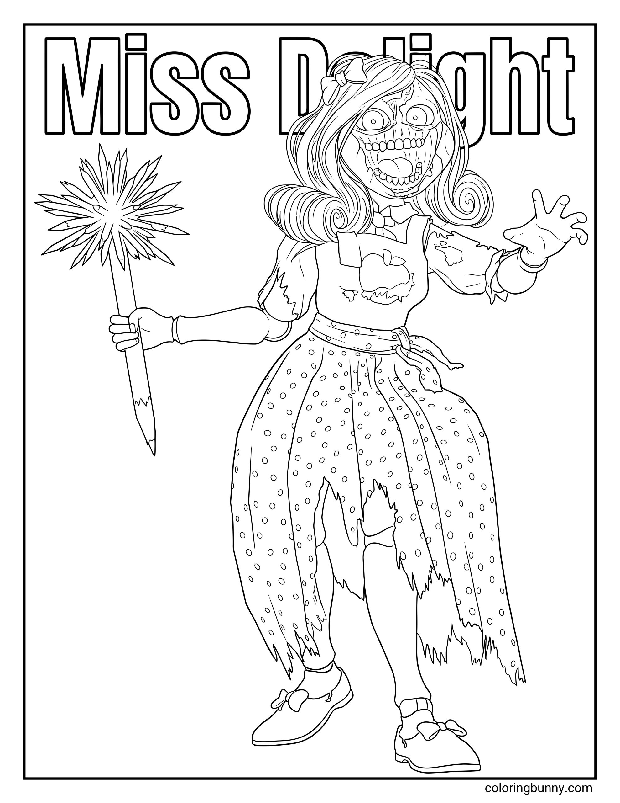 Poppy Playtime scary Miss Delight coloring page featuring the creepy teacher. This black and white outline for coloring displays the terrifying doll character in her torn dress holding a spiky pencil weapon below the large text Miss Delight.