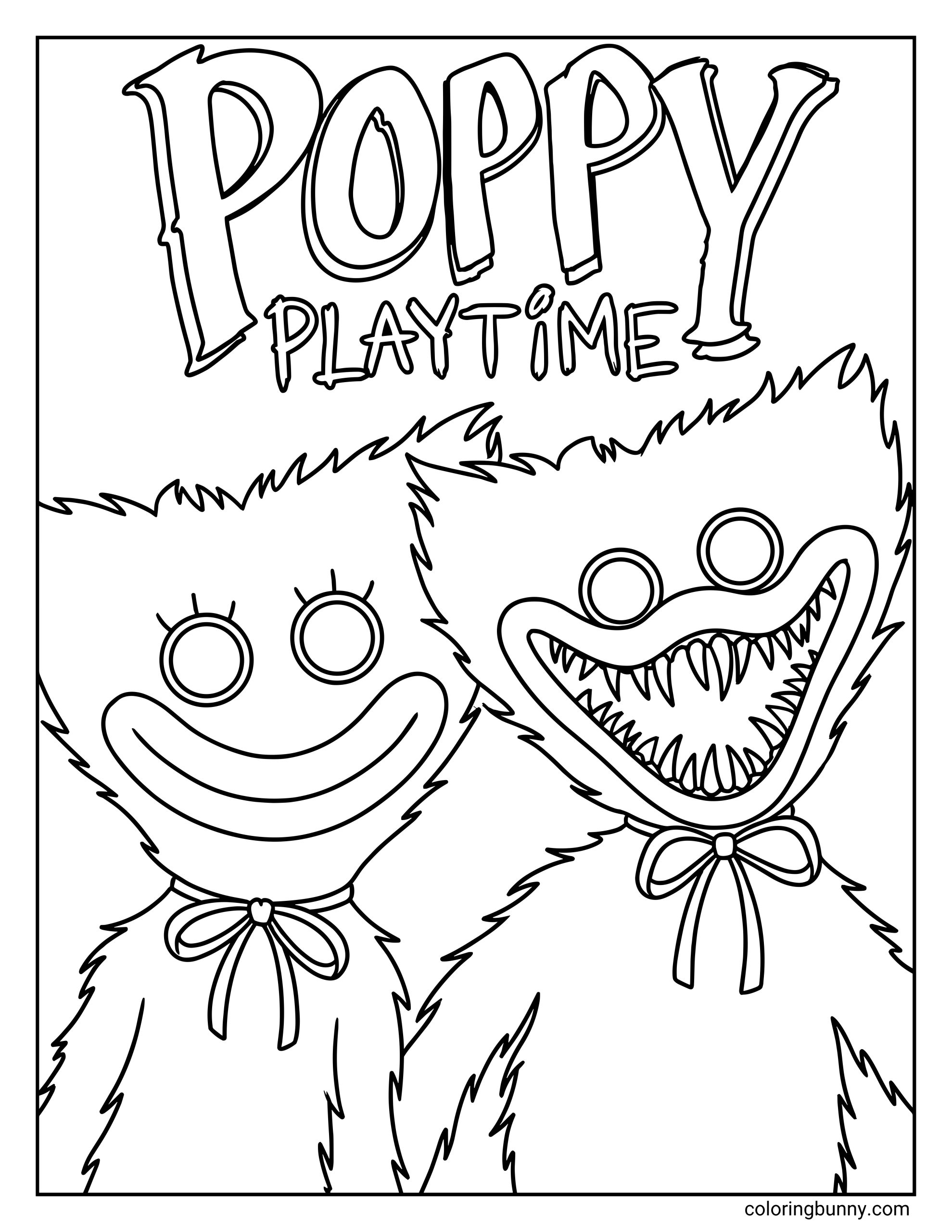 A Poppy Playtime coloring page featuring the Poppy Playtime logo above Huggy Wuggy and Kissy Missy. The two fuzzy characters are shown from the shoulders up, both with large round eyes and oversized smiles, one friendly and one with sharp teeth.