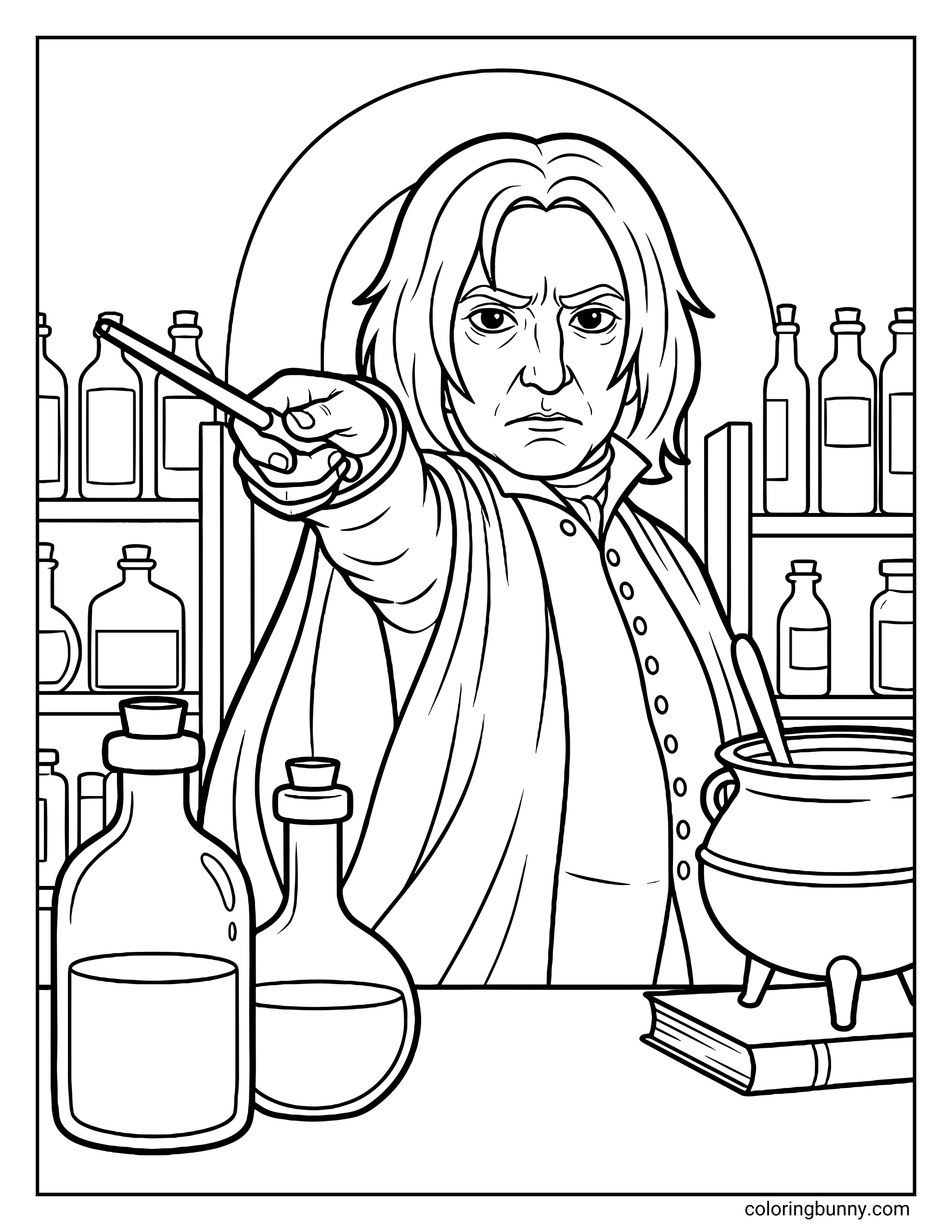 A Professor Snape coloring page featuring a stern wizard standing behind a table filled with potion bottles and a bubbling cauldron. He points his wand forward while shelves of potion jars line the background. The scene captures a detailed potions classroom.