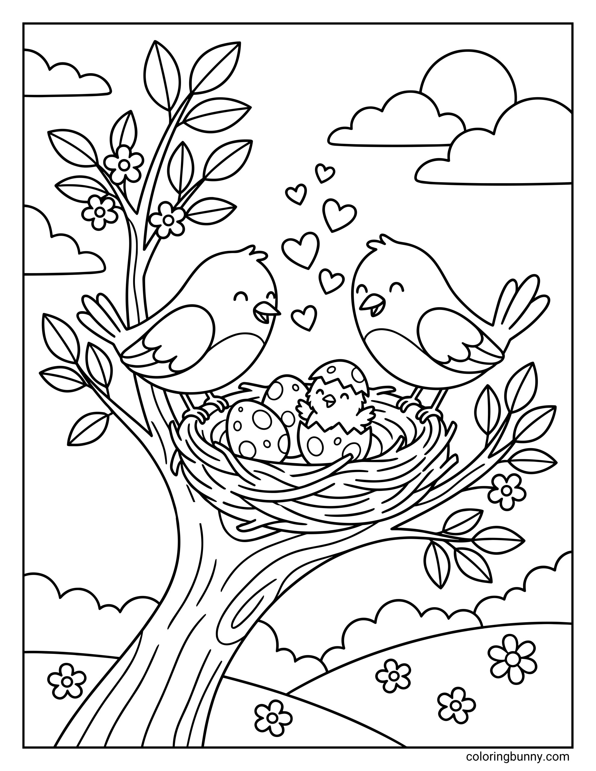 A cute Spring coloring page featuring two birds perched on a nest in a tree, looking lovingly at a newly hatched chick and two eggs, with hearts floating above.