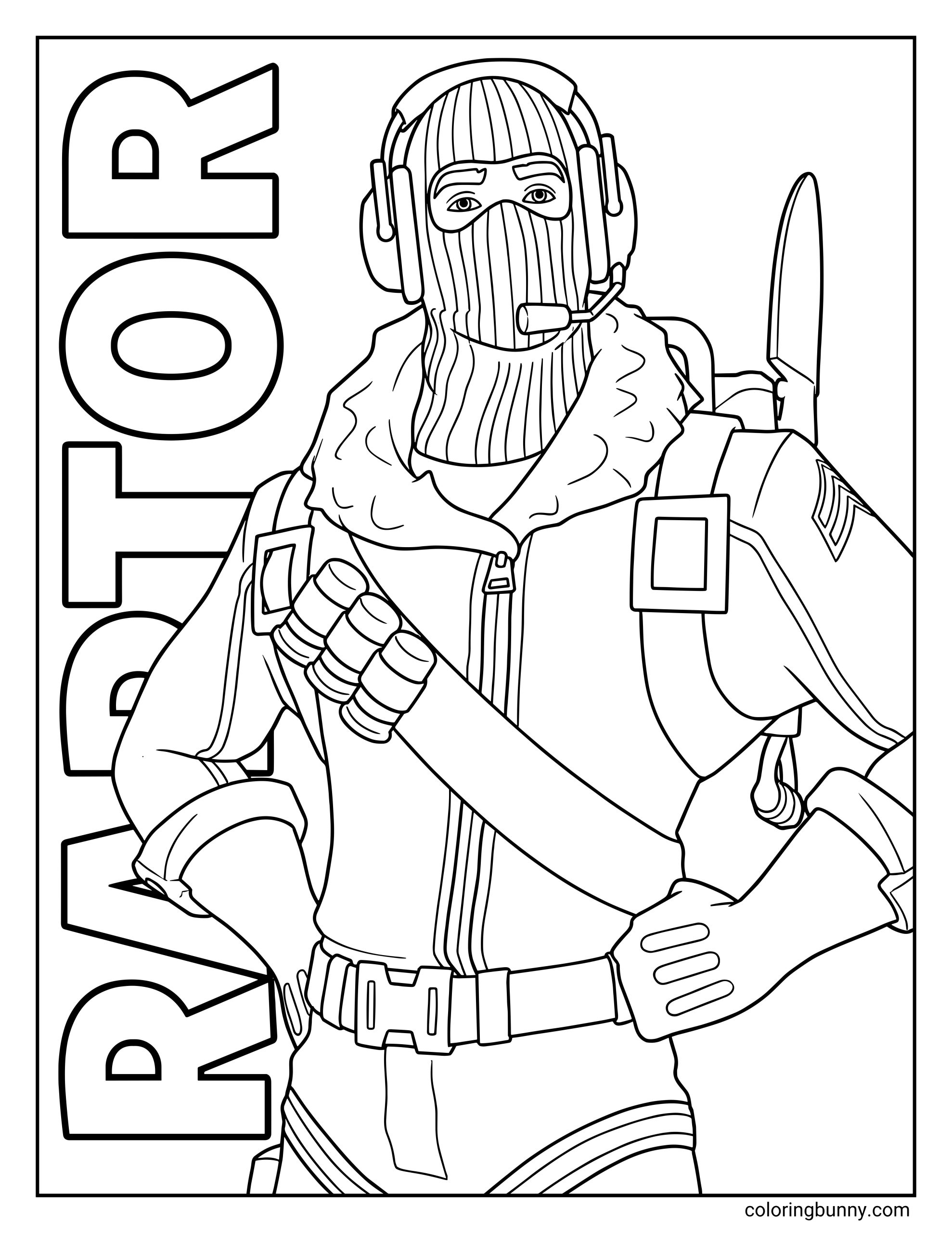 A coloring page featuring the Fortnite character Raptor standing confidently with hands on his hips, wearing his signature mask and headset next to the text "RAPTOR."