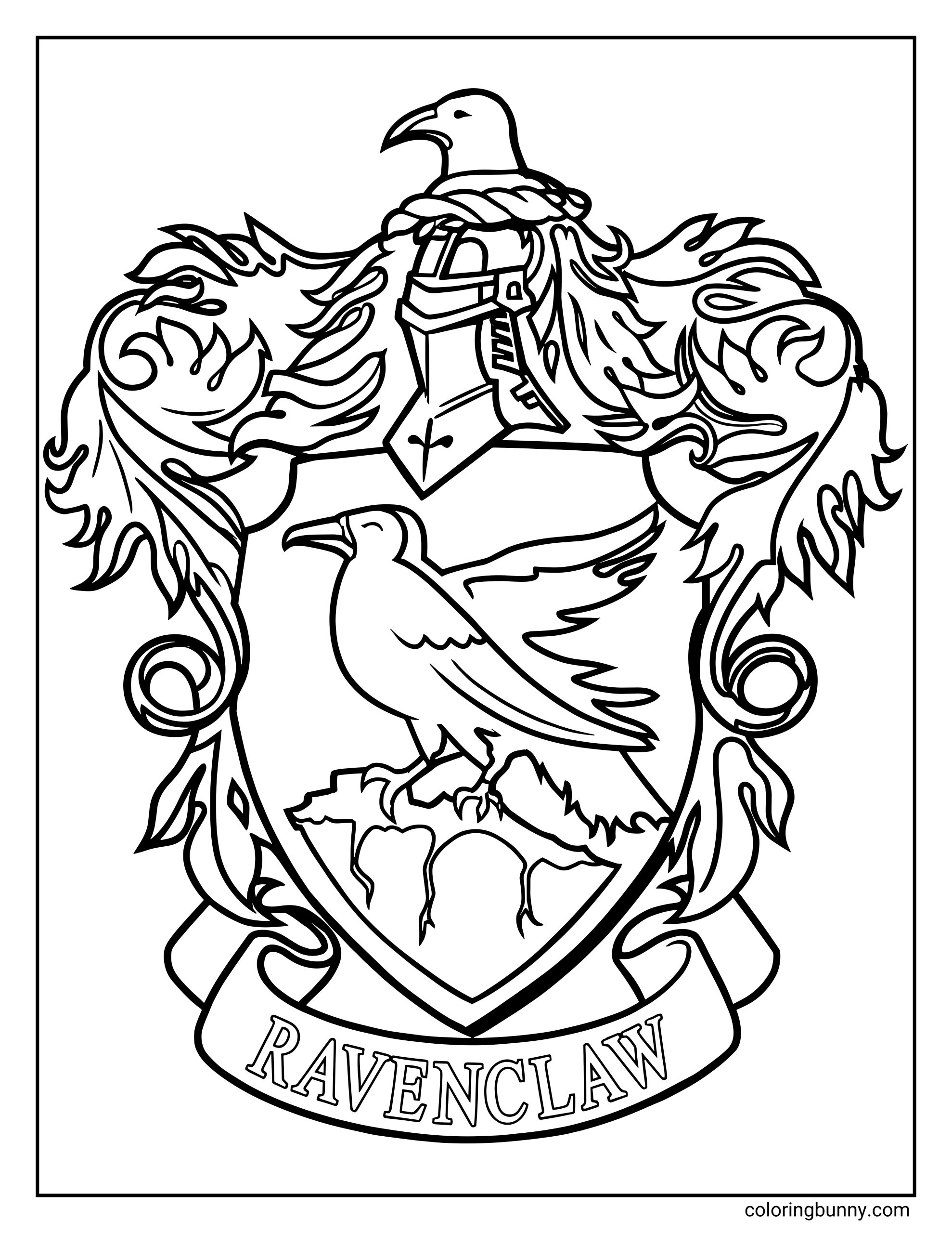 A Ravenclaw crest coloring page featuring a shield with a large bird standing on a rock in the center. The shield is topped with a knight’s helmet and surrounded by detailed decorative scrollwork and feather-like shapes. A banner at the bottom reads “Ravenclaw,” completing the elegant magical house emblem.