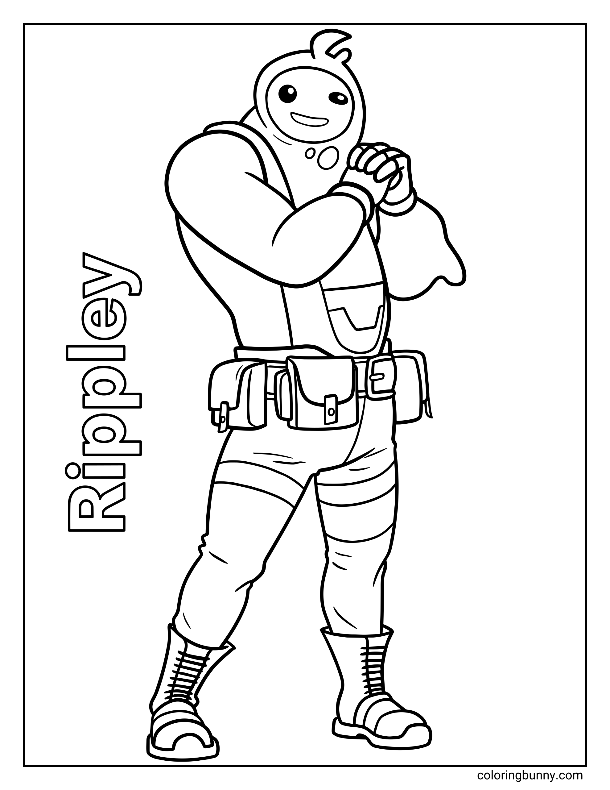 A coloring page of Fortnite character Rippley, a friendly blob-like hero, standing with a big smile and his hands clasped together.