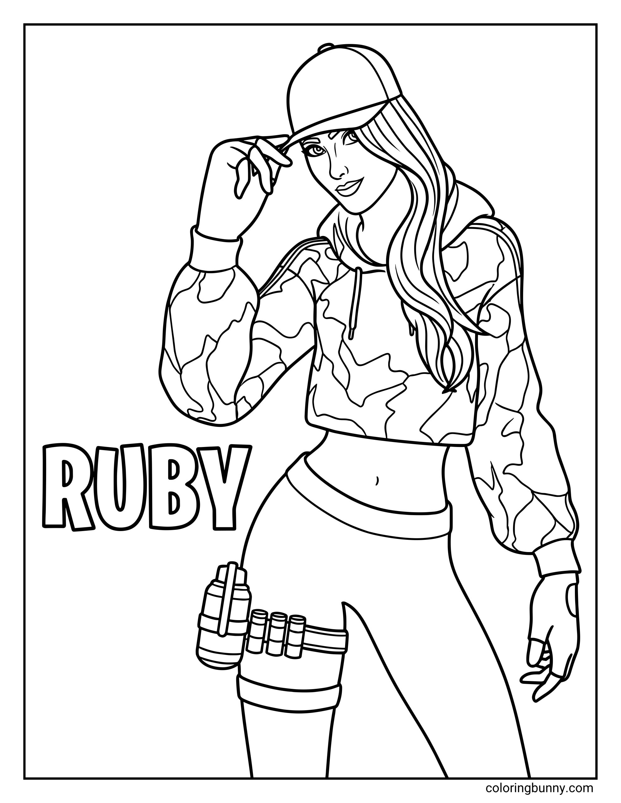 A coloring page of the Fortnite character Ruby tipping her baseball cap, wearing a hoodie and tactical gear next to her name.