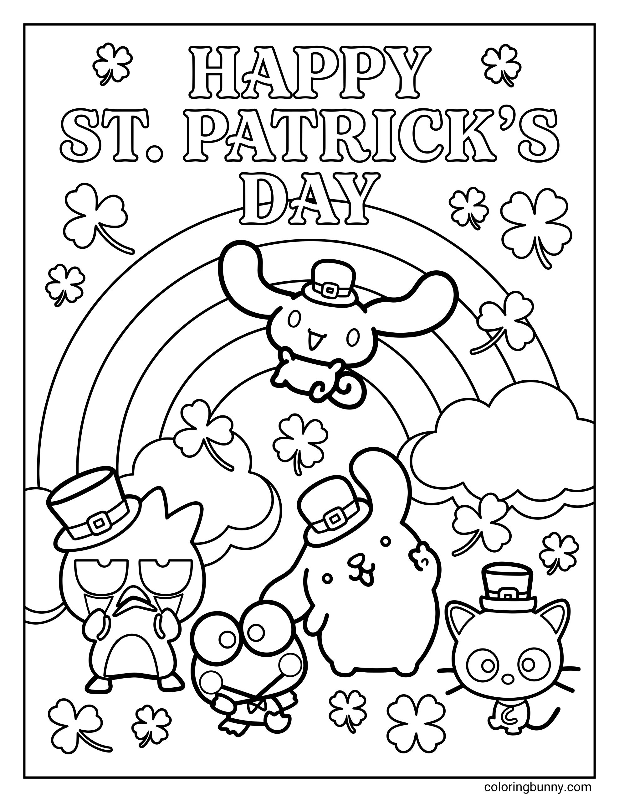 A kids coloring page of Sanrio characters celebrating St. Patrick’s Day under a rainbow with shamrocks and clouds, featuring Hello Kitty, Keroppi, My Melody, Pompompurin, and Cinnamoroll wearing leprechaun hats in a black and white printable design.