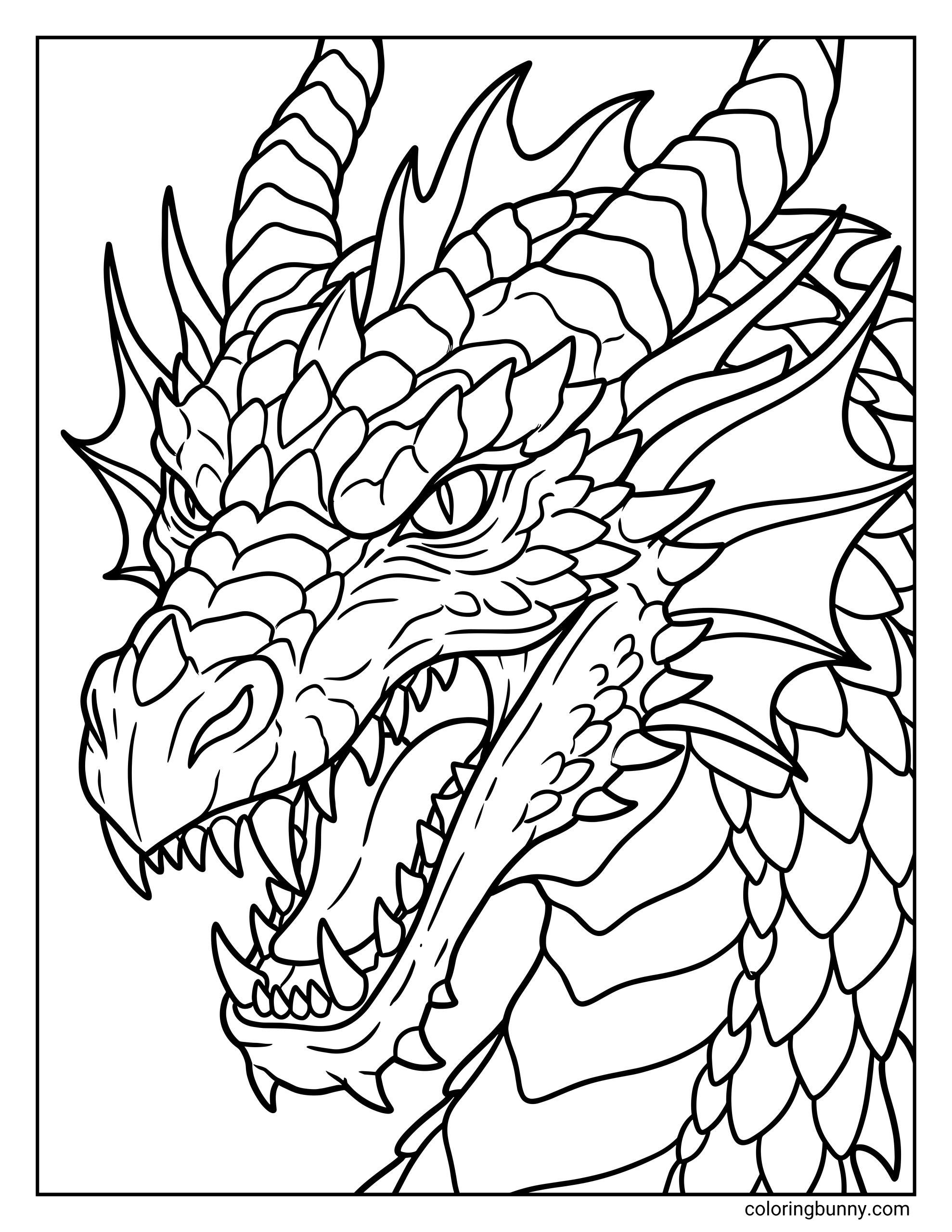 A detailed and realistic scary dragon coloring page featuring a roaring dragon head in side view, with sharp fangs, large curved horns, fierce eyes, and layered scales.