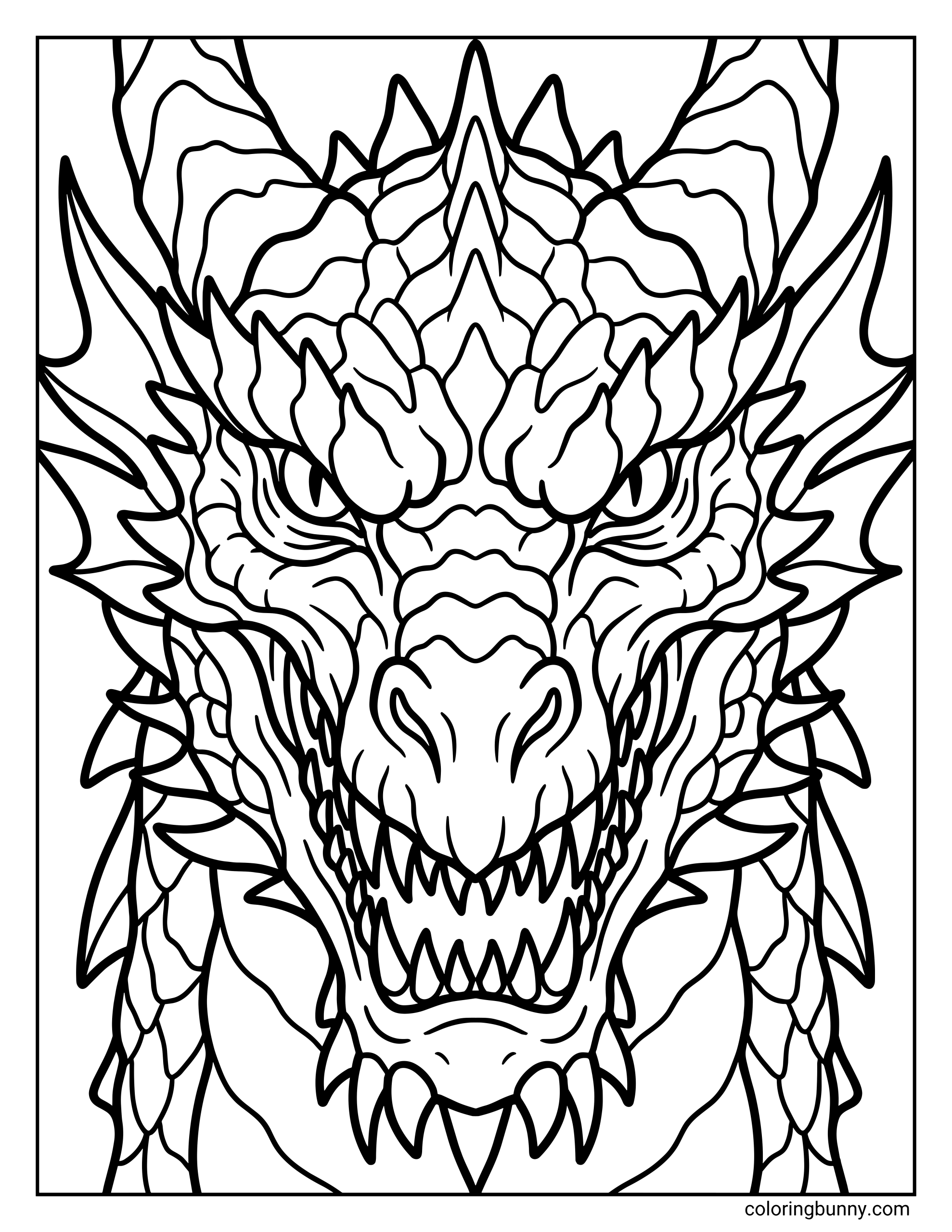 A detailed scary dragon face coloring page featuring a fierce dragon head with sharp teeth, intense eyes, large horns, and layered scales in a symmetrical, close-up view.