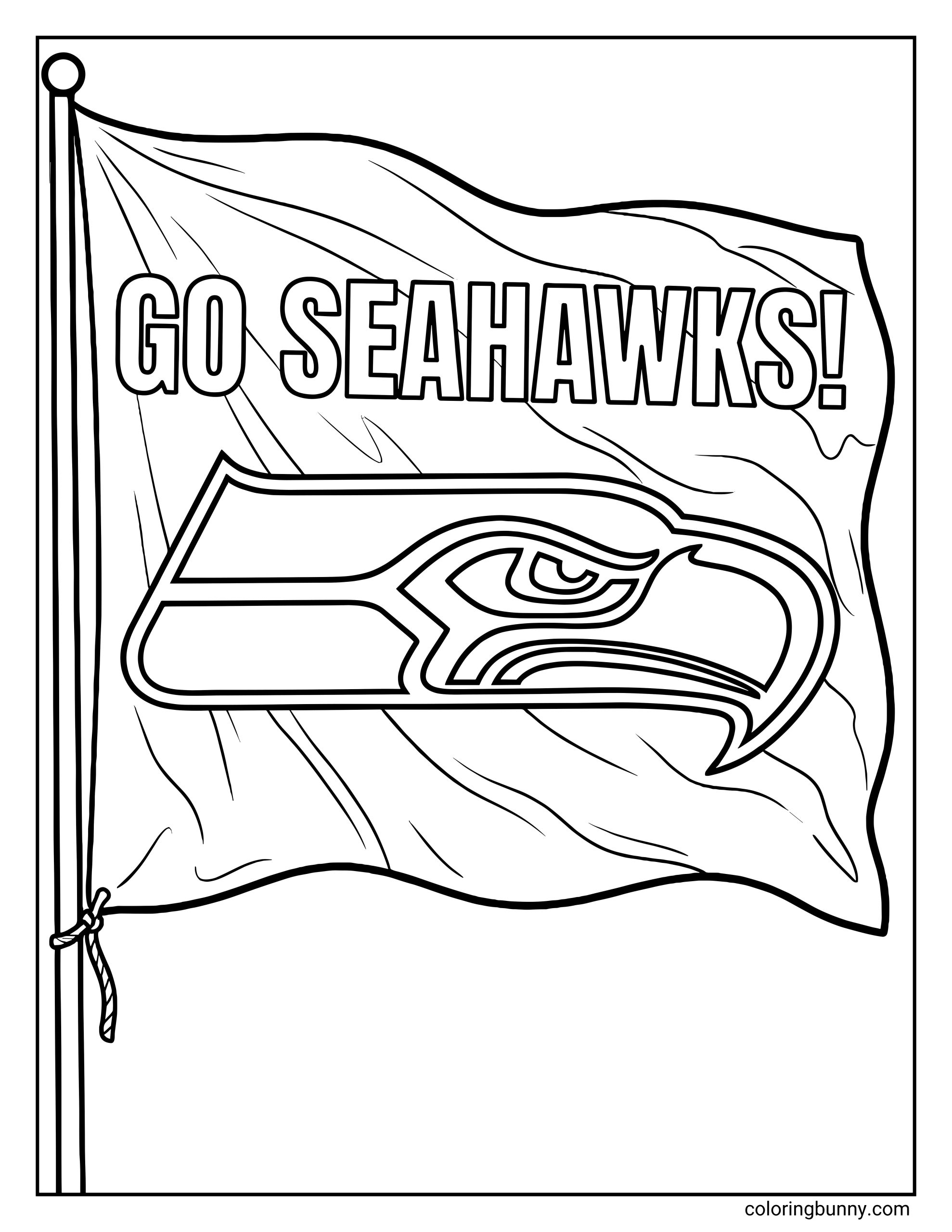 A Super Bowl coloring page showing a football flag on a flagpole, featuring a Seattle Seahawks team logo and bold text that reads ‘GO SEAHAWKS!’.
