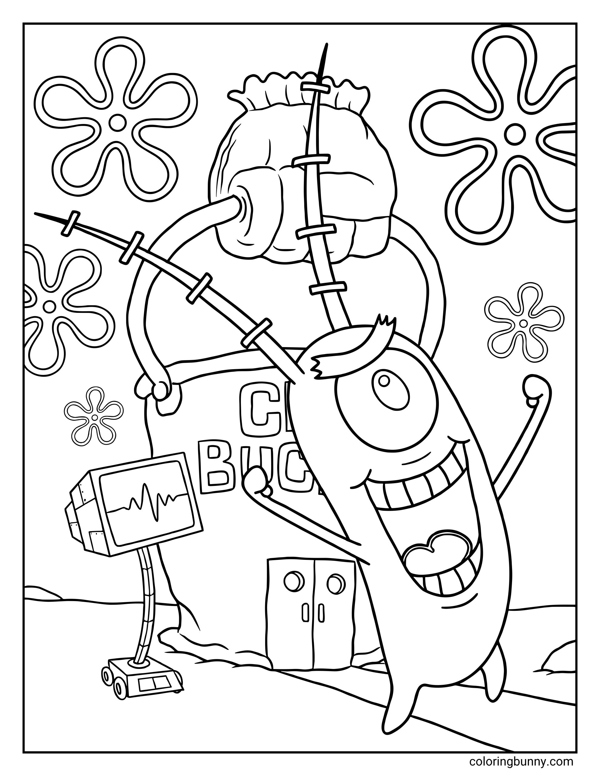 A SpongeBob Squarepants coloring page of Sheldon Plankton cheering with raised arms standing next to Karen Plankton in front of their restaurant.