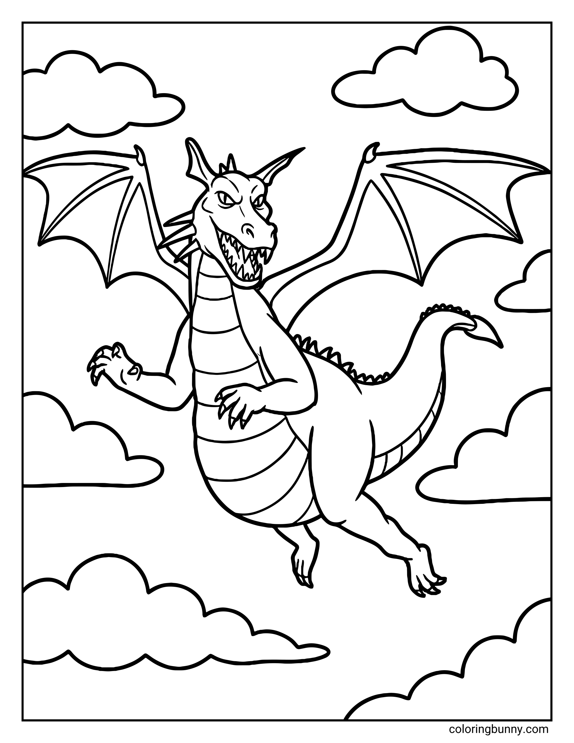 A coloring page featuring the Shrek dragon flying through the sky with her wings spread wide and a playful, toothy grin. She has her long neck, curved horns, and rounded body, with clouds surrounding her in the background.