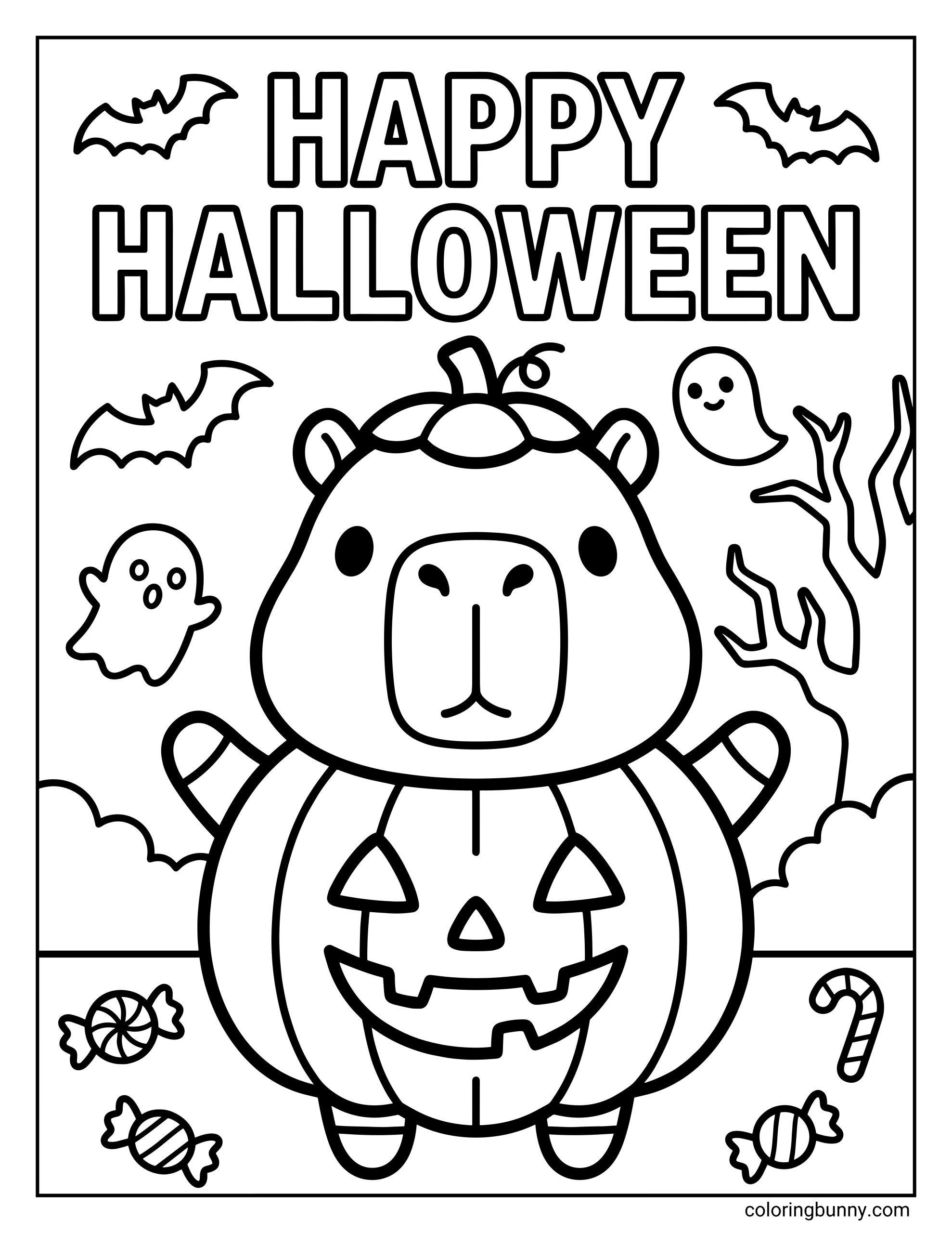 A cute Halloween coloring page featuring a happy capybara dressed inside a carved pumpkin costume, surrounded by bats, friendly ghosts, candy, and the words “Happy Halloween” in bold playful lettering.