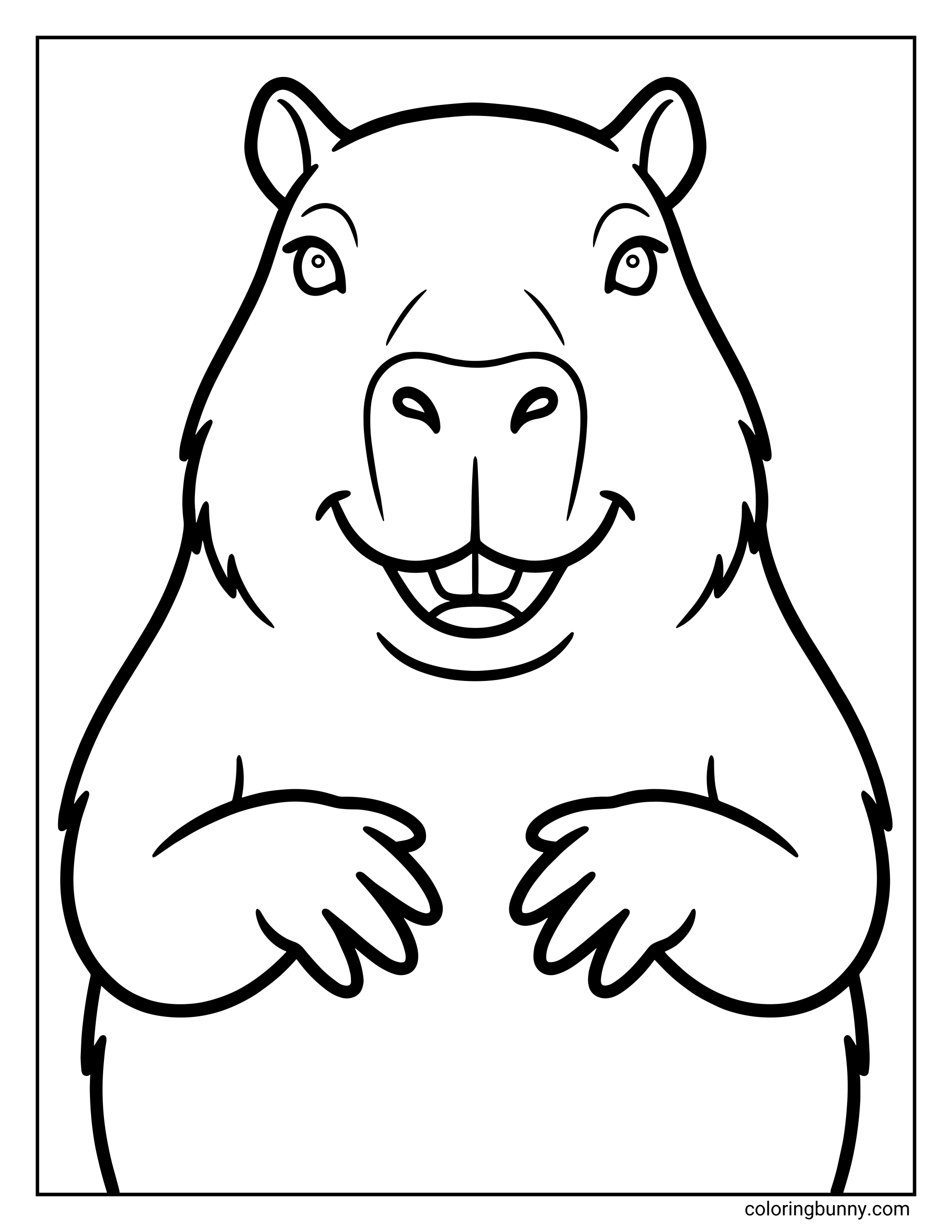 A simple capybara coloring page featuring a smiling capybara facing forward with rounded shapes, friendly eyes, and minimal details, designed for easy and relaxing coloring.