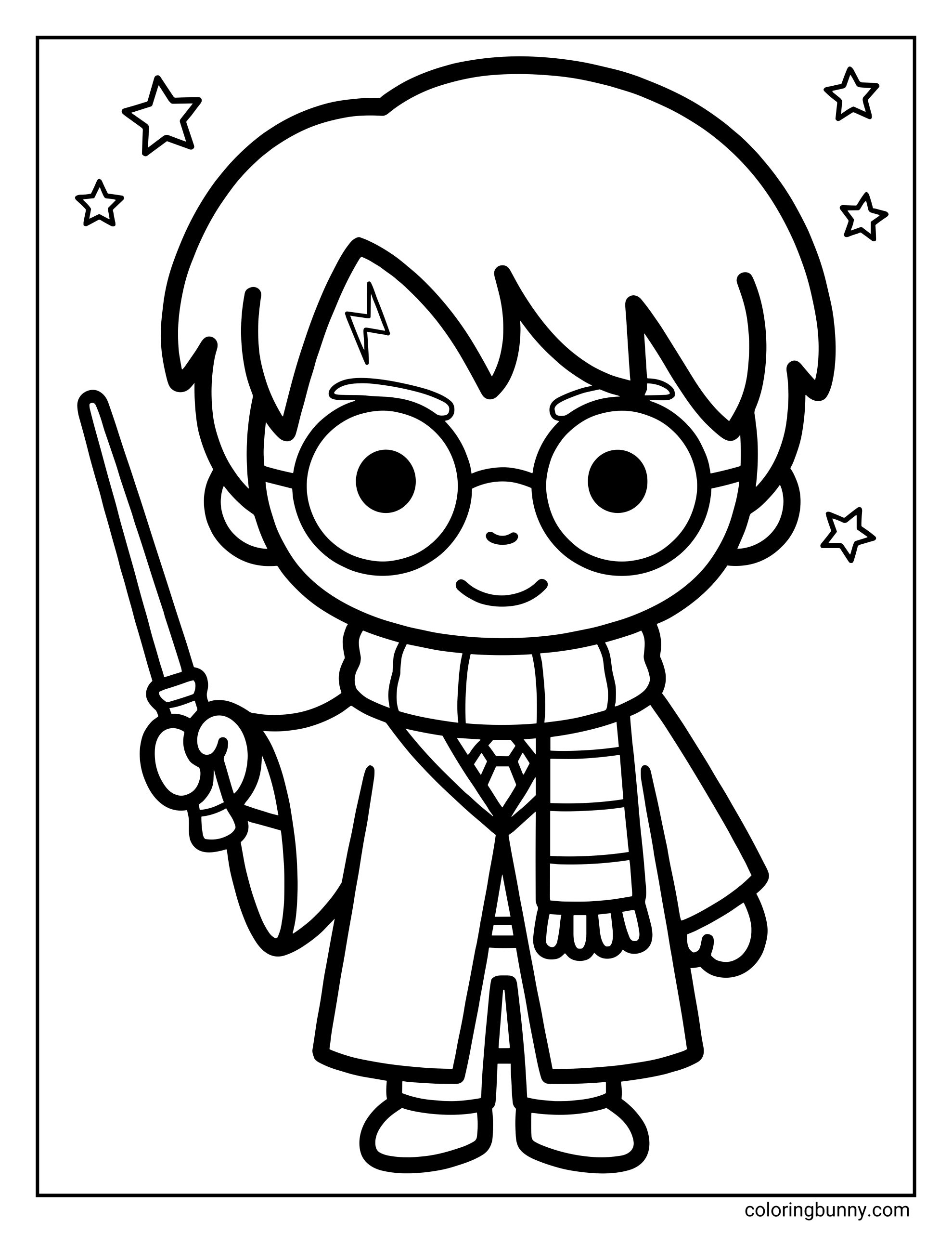 A cute chibi Harry Potter coloring page with Harry standing and smiling while holding his wand. He has round glasses, a lightning bolt scar on his forehead, and wears a long robe with a striped scarf and tie. Simple stars float around him, creating a magical and friendly scene.