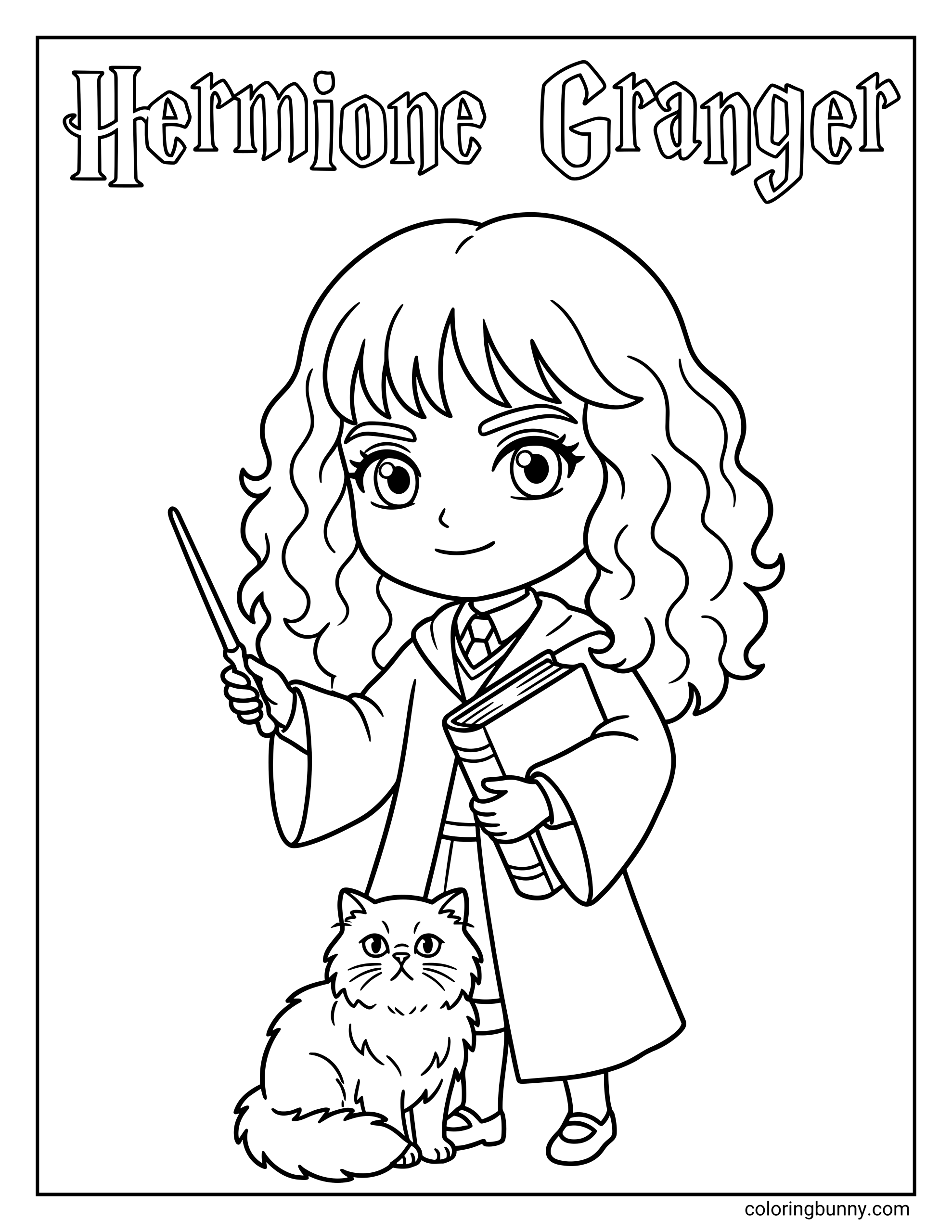 A chibi Hermione Granger coloring page featuring Hermione with curly hair holding a wand and a book. She stands in her Gryffindor robe with her cat sitting beside her. Her name, “Hermione Granger,” is written at the top in magical lettering.