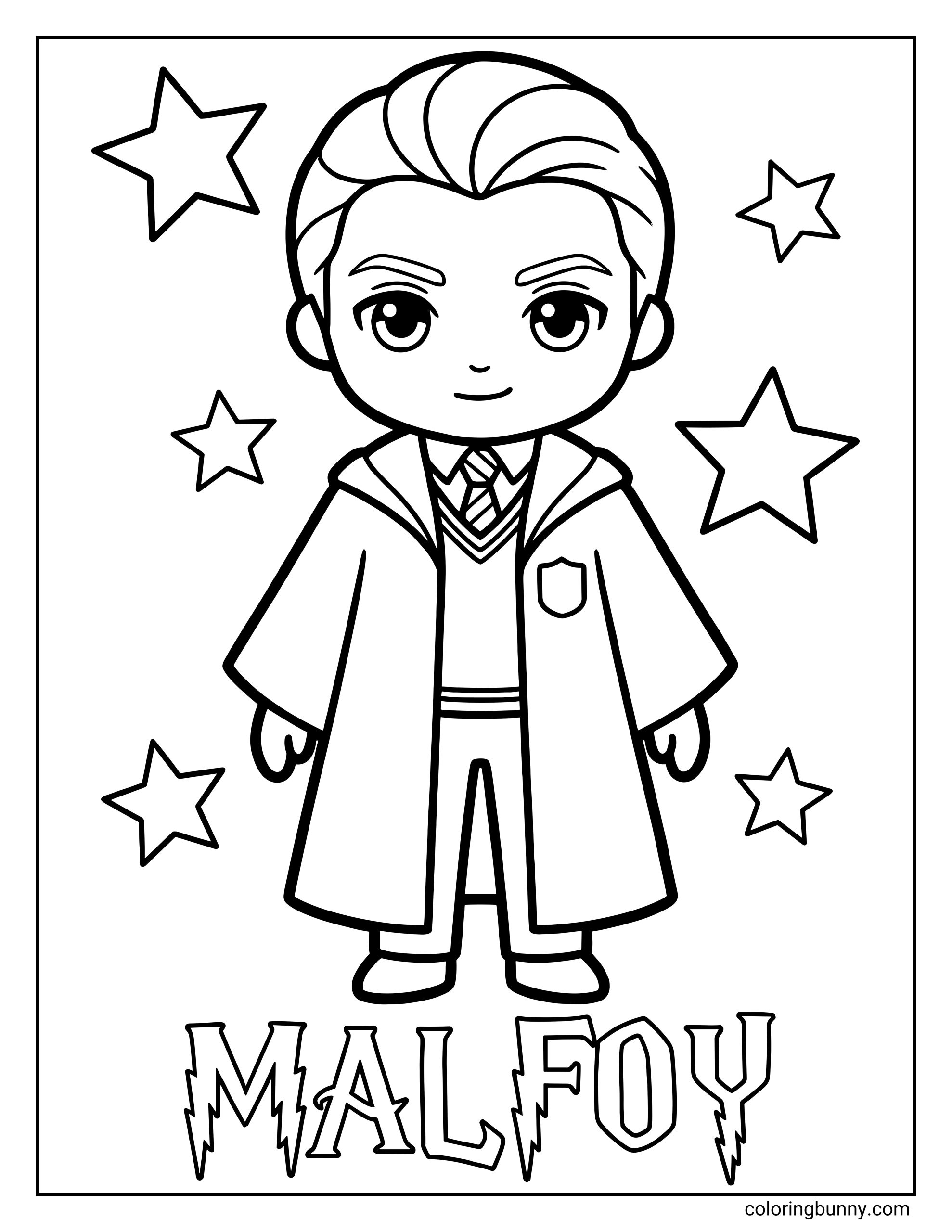 A chibi Malfoy coloring page with Malfoy standing confidently with neatly styled hair and a calm expression. He wears a long robe, tie, and Slytherin uniform, with stars floating around him. His name, “Malfoy,” is written in bold magical letters at the bottom.