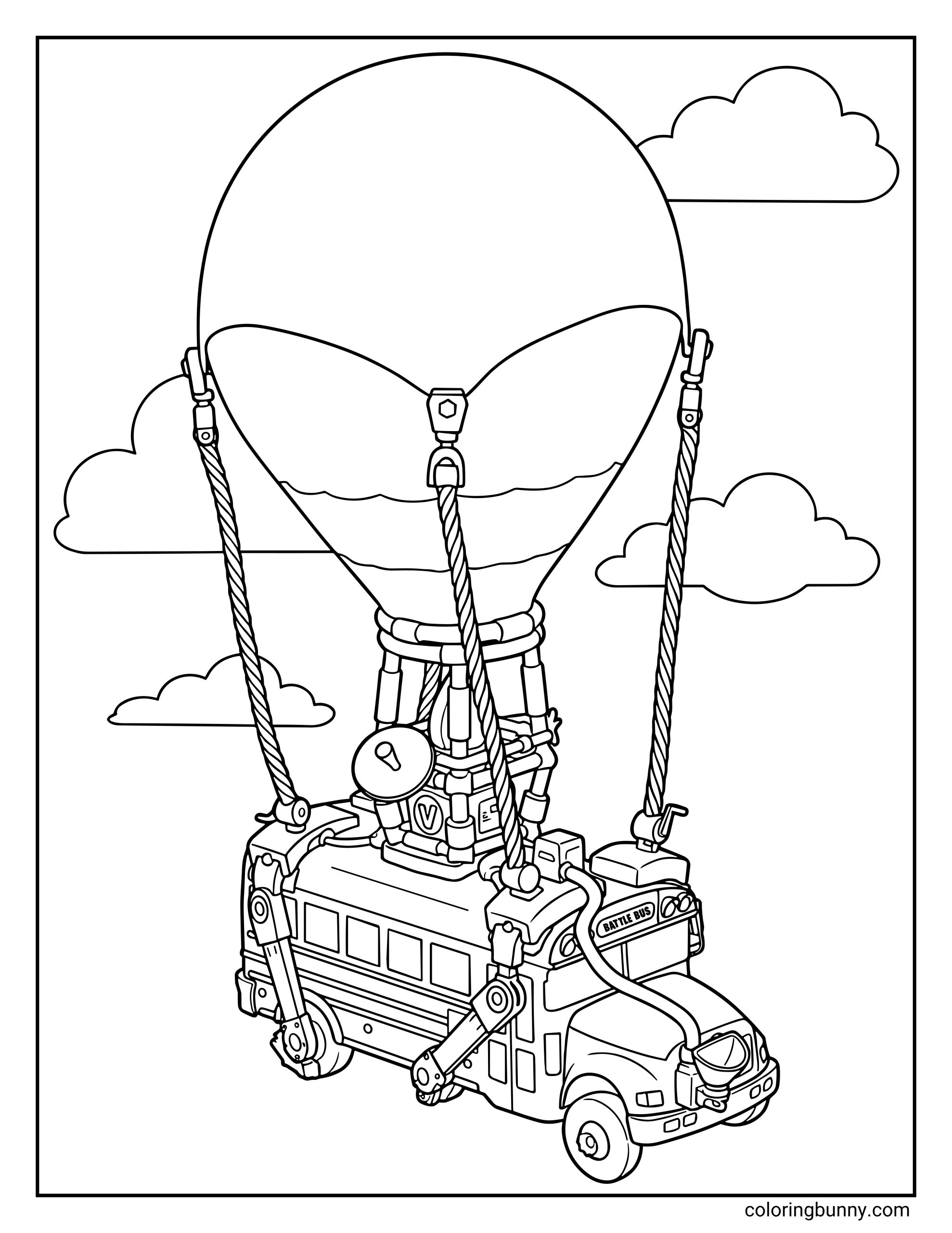 A simple, outline-style coloring page for kids of the Fortnite Battle Bus attached to a large hot air balloon, floating among fluffy clouds.