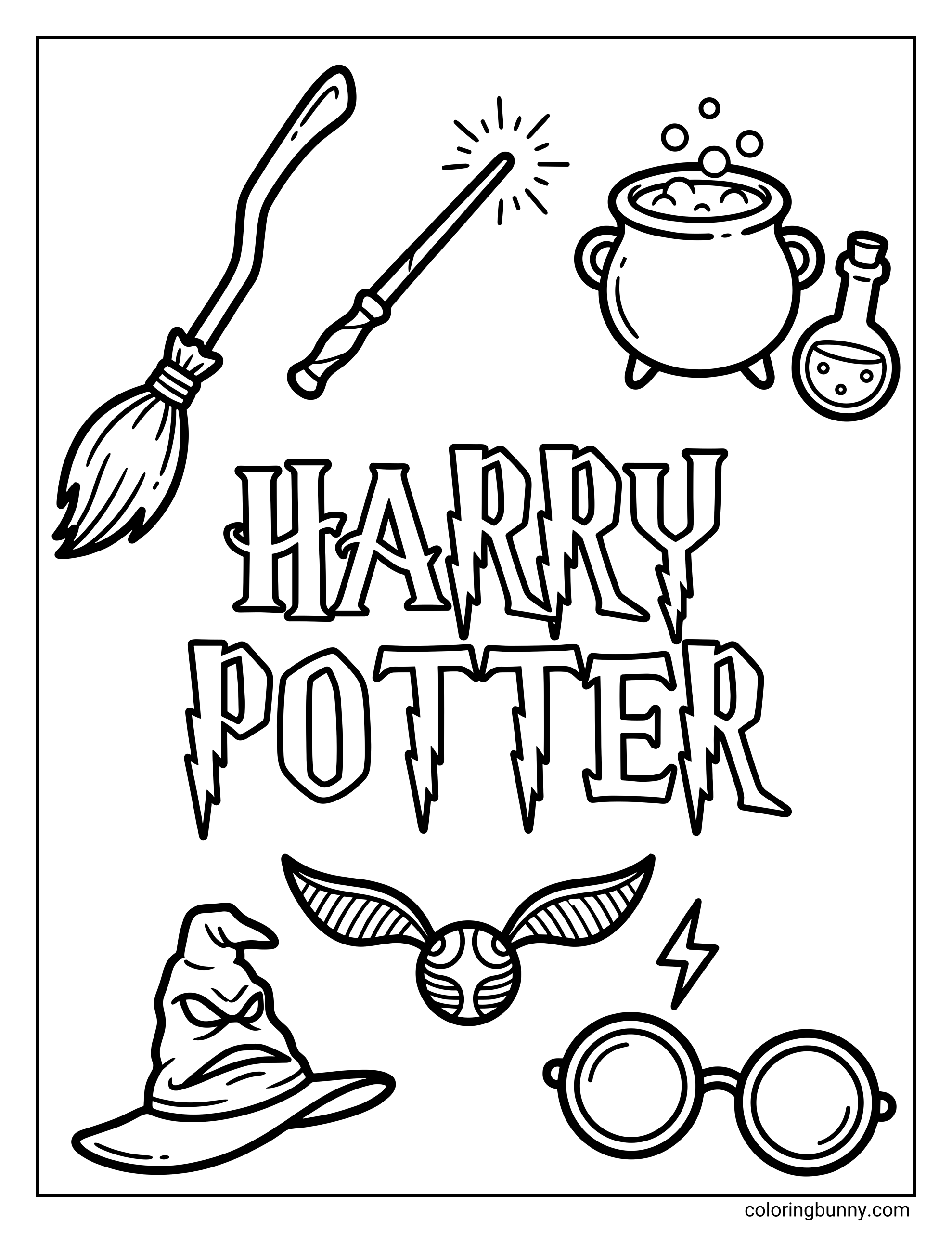 A Harry Potter coloring page featuring a broomstick, wand, bubbling cauldron, potion bottle, Sorting Hat, Golden Snitch, and round glasses surrounding the words “Harry Potter.”