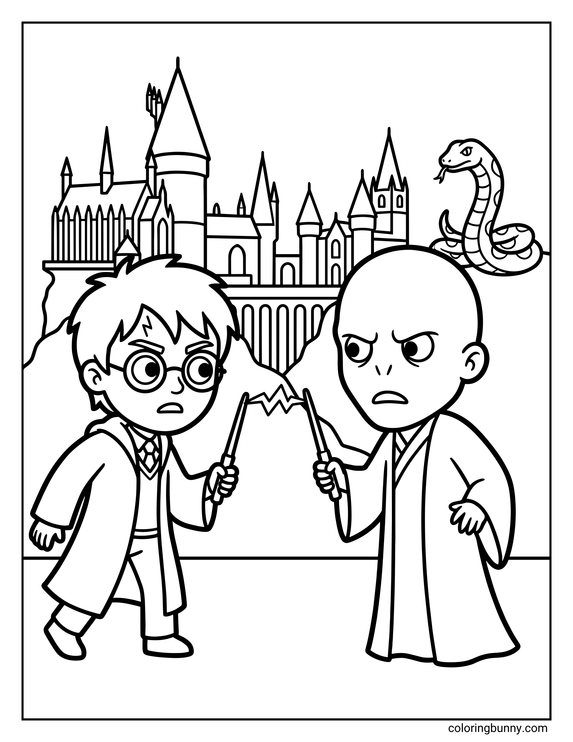 A cute Harry Potter vs Voldemort coloring page featuring the two powerful wizards facing each other while holding their wands as magic connects between them. Hogwarts castle stands in the background, and a snake appears behind the dark wizard. The scene shows a dramatic magical duel.
